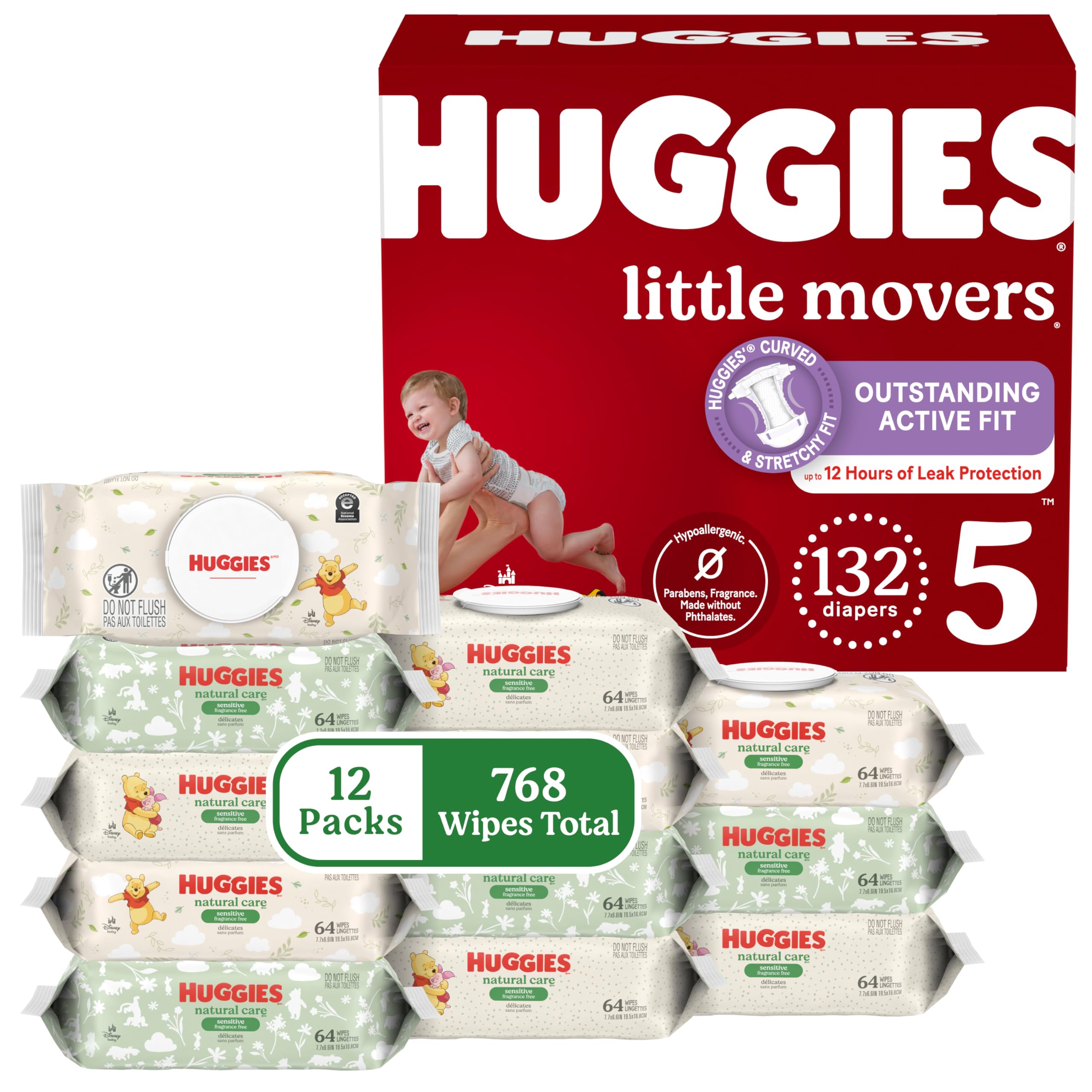 Little Movers Bundle: Huggies Little Movers Baby Diapers, Size 5 (27+ lbs), 132 Count & Huggies Natural Care Sensitive Baby Wipes, 768 Count (12 Packs of 64)