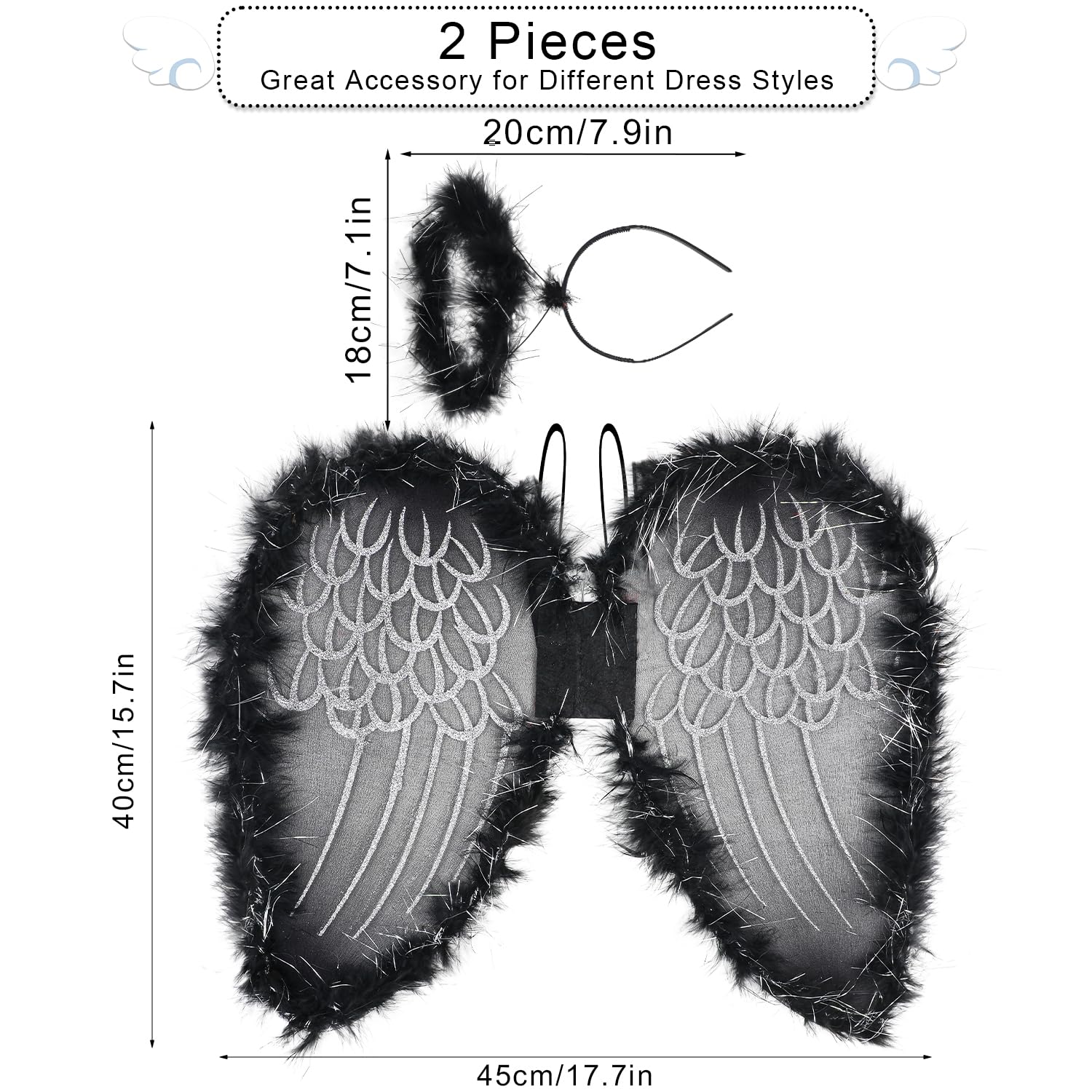 VEYLIN Angel Wings And Halo, Halloween Dark Angel Fairy Wing With Silver Glitter and Halo Dress Women Fallen Angel Outfit (Black) - Image 3