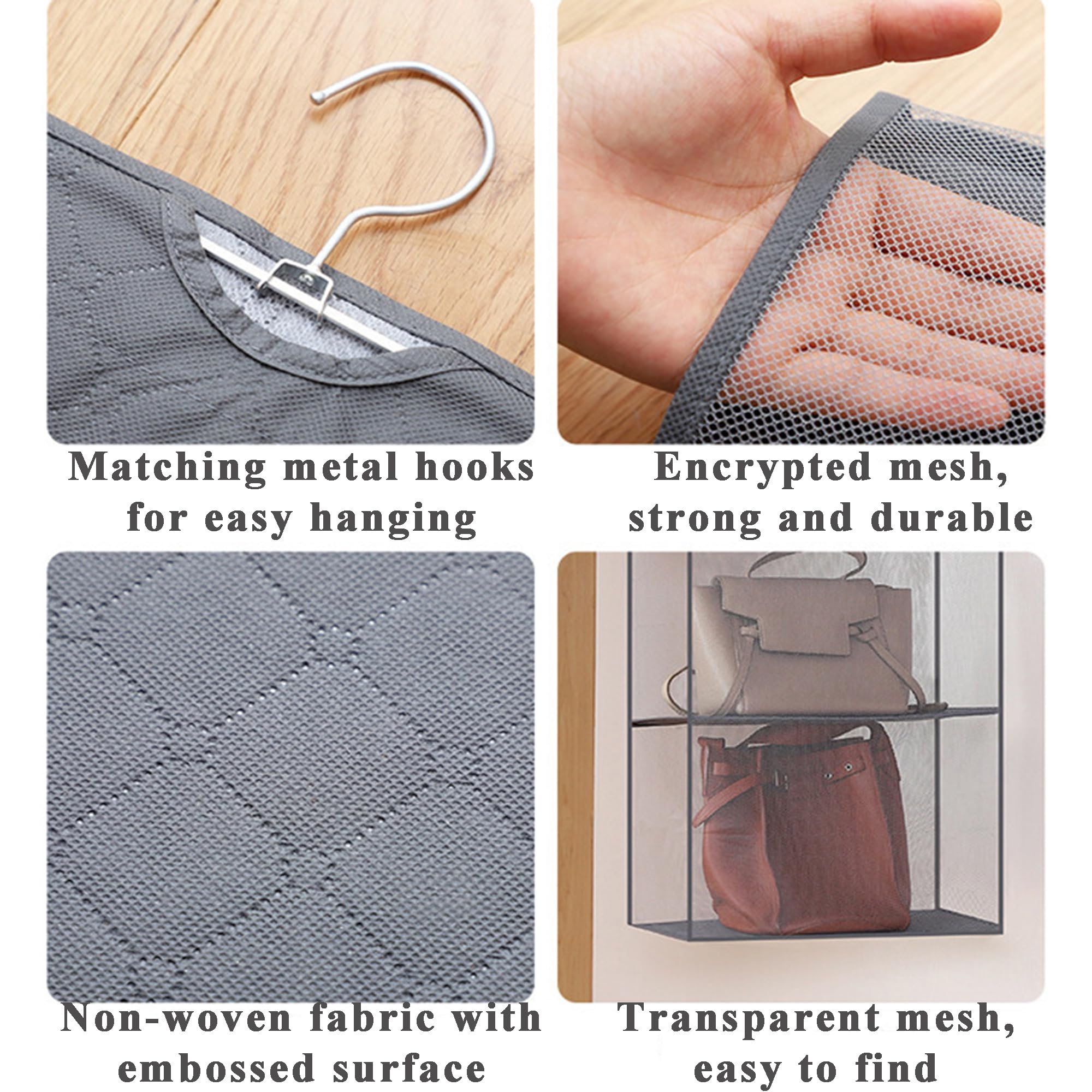 DXI 2 Pcs Organizador del Armario Plegable, Organizador para Colgar Bolsos de 4 Bolsillos, Transparentes Bolsos de Mano para Sala de Estar, para Armario Familiar, Dormitorio, Gris