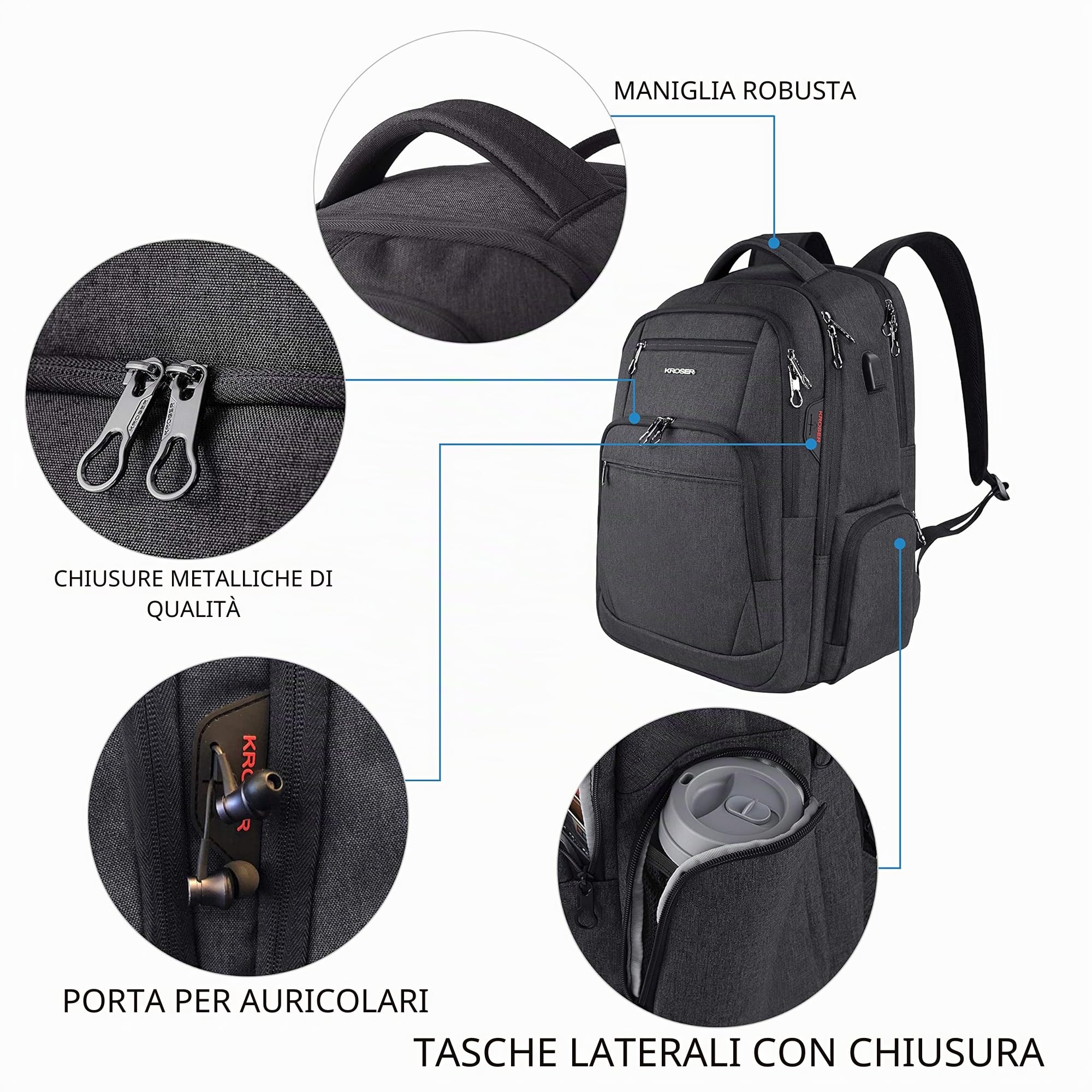 KROSER Zaino per computer portatile da 17,3 pollici, grande borsa | Zaino per computer portatile da 17,3 pollici, grande borsa impermeabile affari, università, uomini, donne