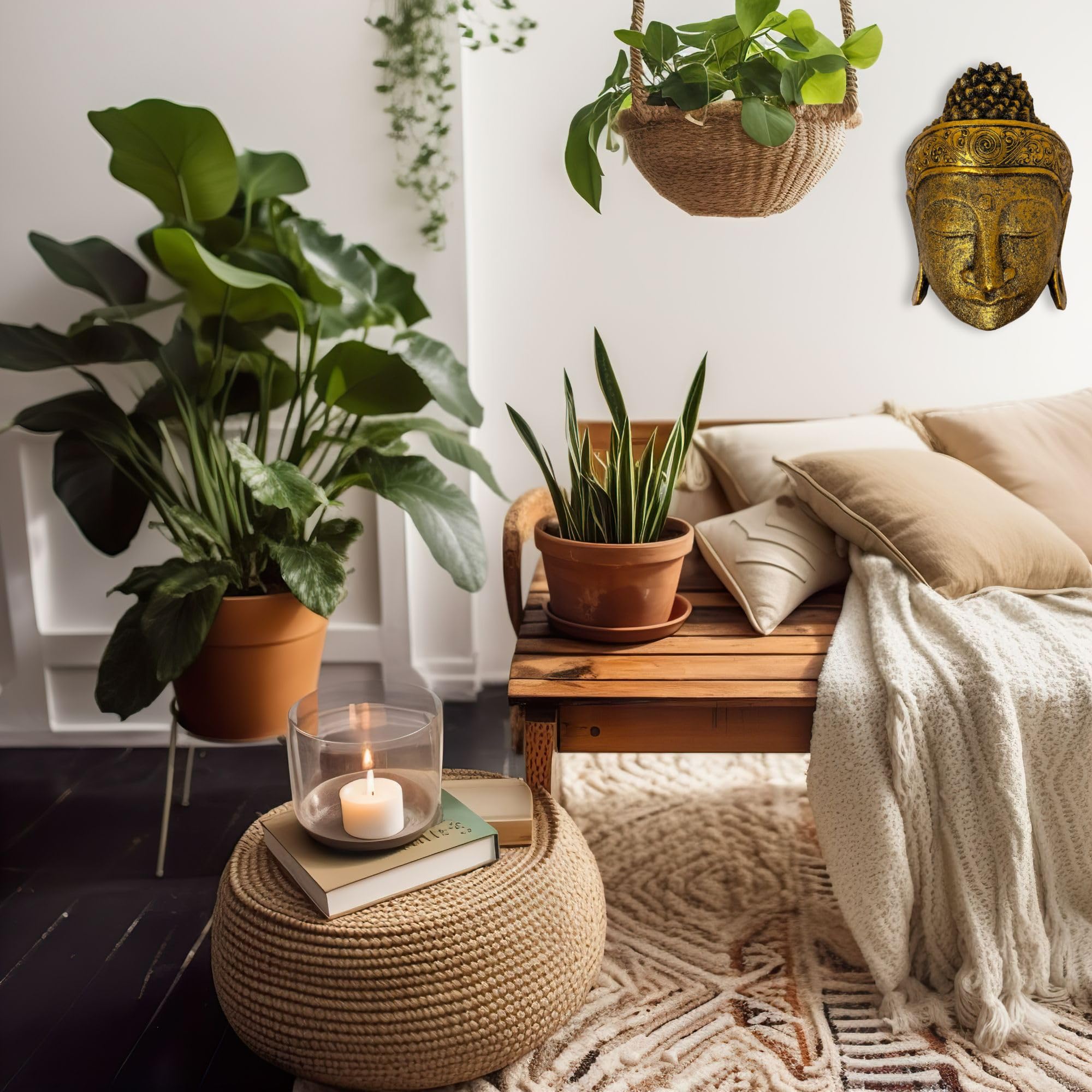 Decorazione da parete Buddha maschera testa statua oro nero legno accessorio per la casa 30 cm