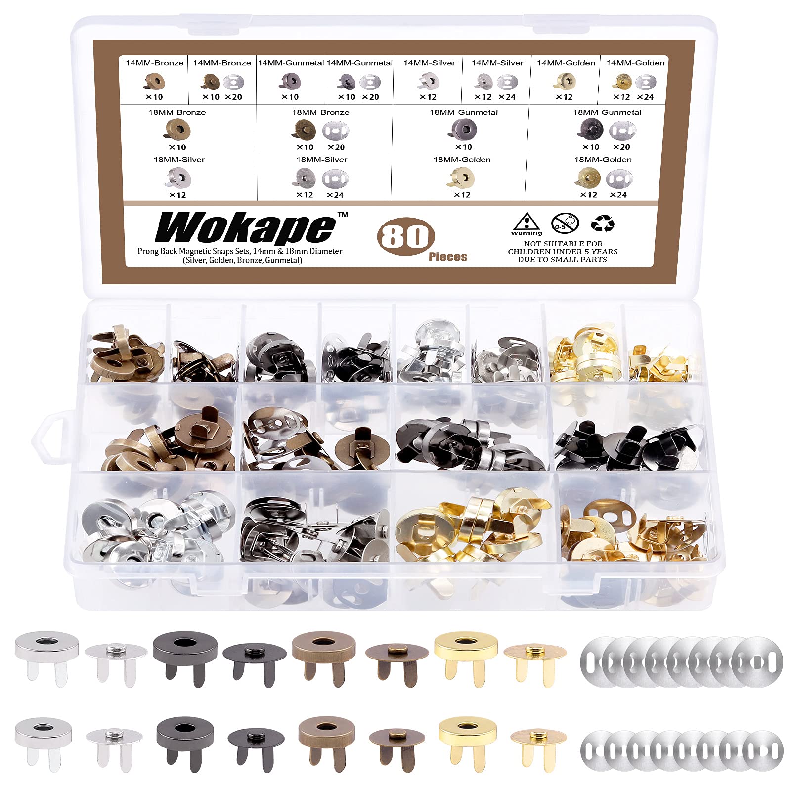 Wokape 80 Sets 4 Colors 14mm and 18mm Magnetic Button Clasps Assortment Kit, Magnetic Snaps Fastener Clasps DIY Craft Sewing Buttons Knitting Buttons Sets for Sewing, Craft