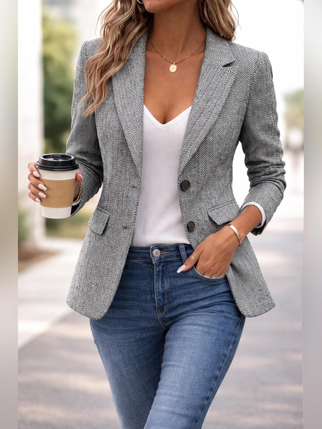 Mina Self Women's 2026 Spring Herringbone Tweed Blazer Jacket - Notched Lapel Fully Lined Work Office Coat with Pockets - Image 5