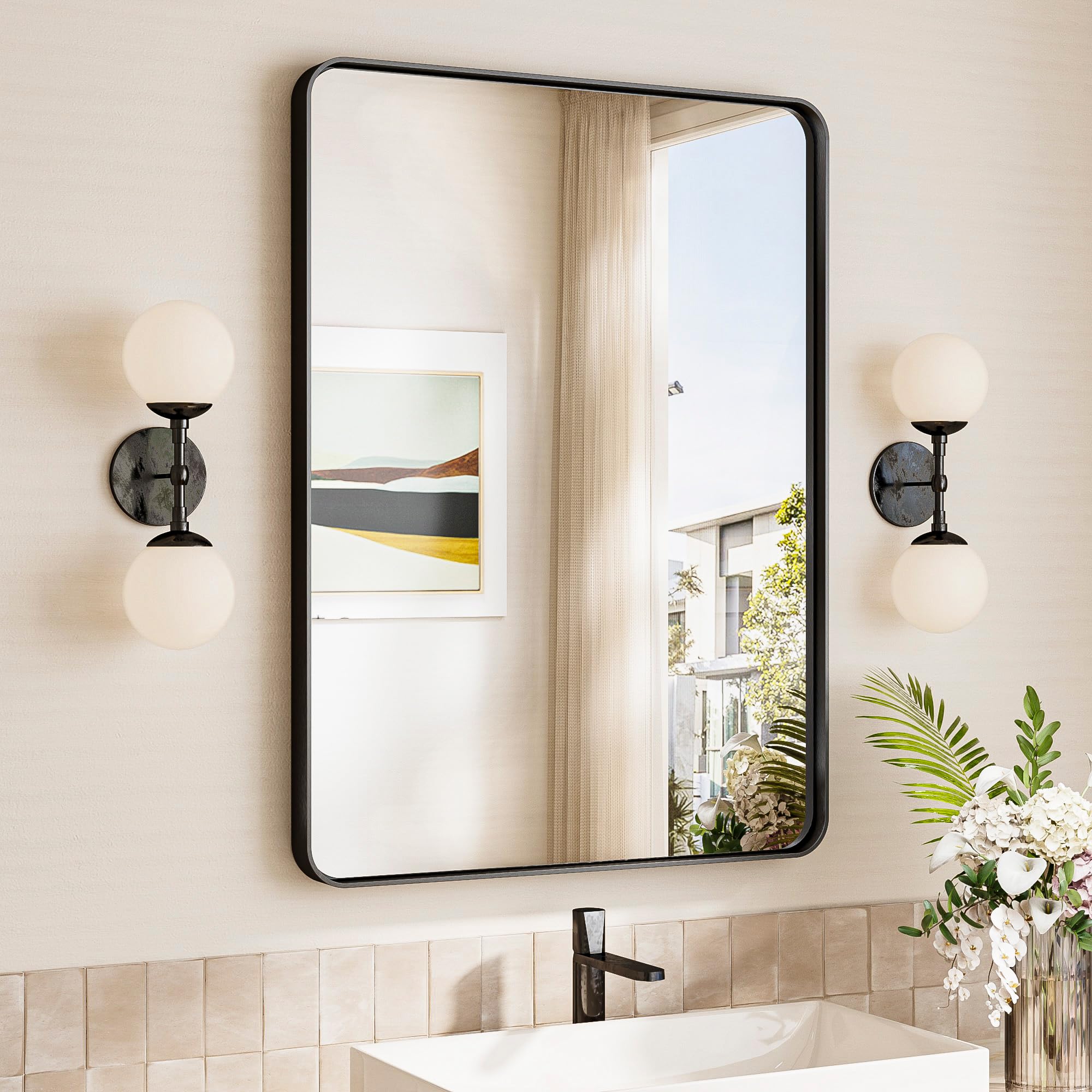 TokeShimi 24x32 Black Bathroom Mirror Bathroom Vanity Mirror with Tempered Glass Modern Vanity Wall Mirror for Bathroom with