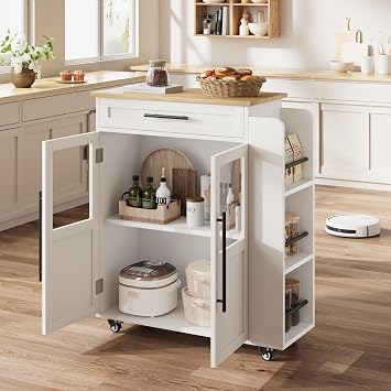 Kitchen Island on Wheels, Rolling Kitchen Storage Trolley with Large Drawer, Spice Rack, Towel Rack and Thickened Worktop, Utility Serving Cart for Home, Dining Room and Living Room