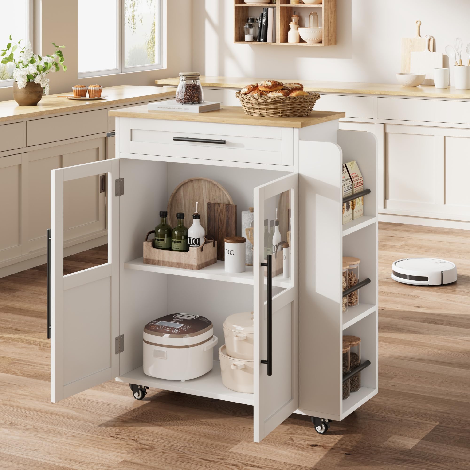 Garvee Kücheninsel mit Rollen, Küchenwagen & Servierwagen mit Glastüren, Schublade, Gewürzregal für Küche, Esszimmer & Flur, Weiß, 74 x 38 x 78,5 cm