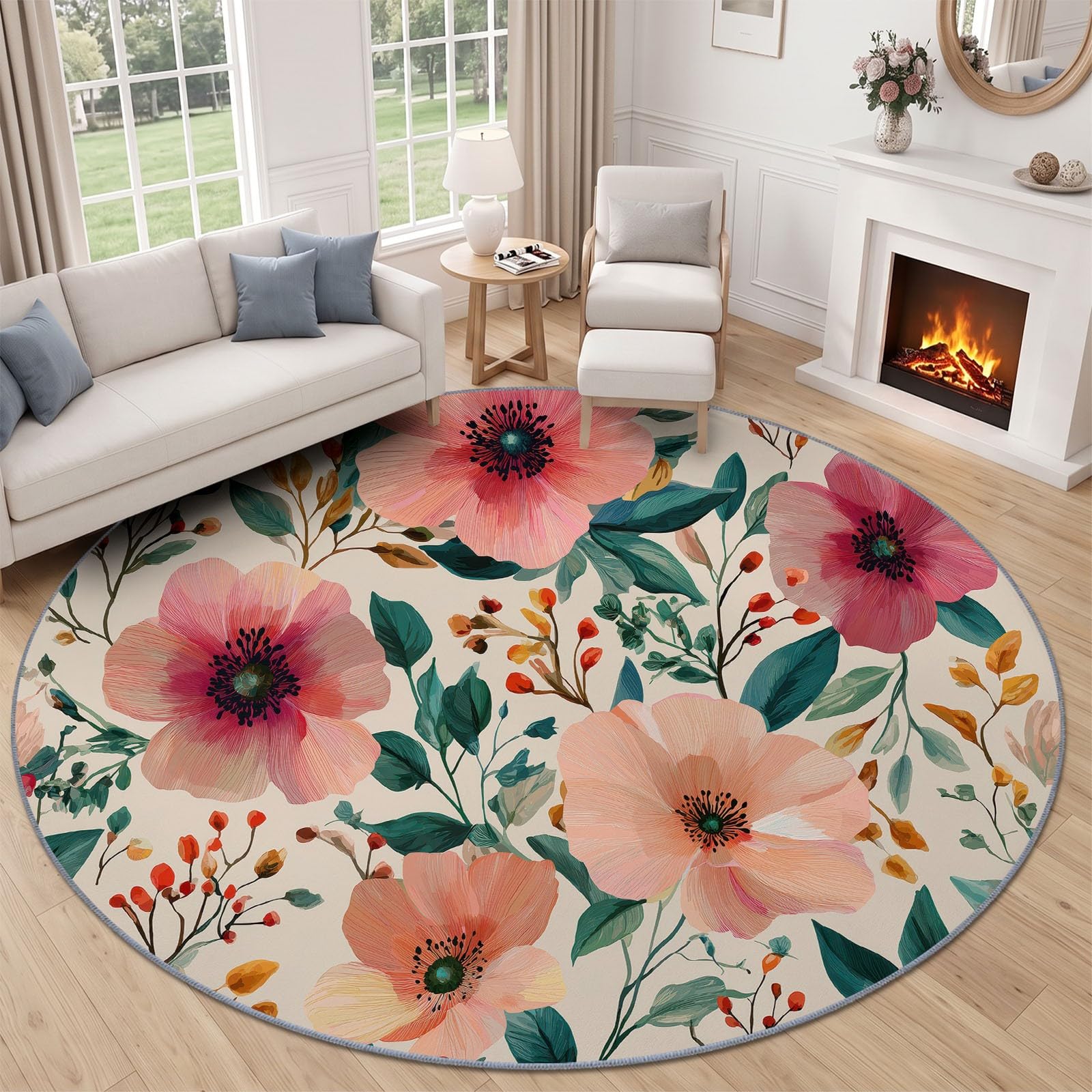 Générique Aquarelle Tapis Rond Salon 150 cm, Floral Feuilles Antidérapant Poils Courts Tapis De Sol Ronds Décoration, pour Salon Chambre Cuisine Balcon Terrasse, Beige