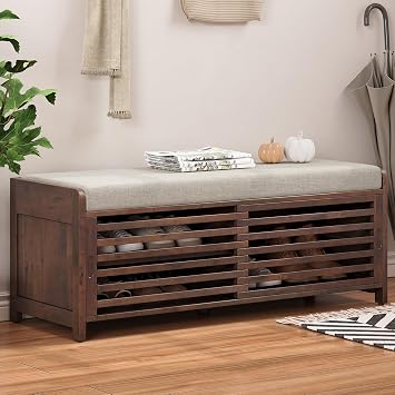 Ball & Cast Entryway Storage Bench with Shutter Doors, 43.3" Wooden Shoes Organizer, Modern Movable Upholstered Seat Entryway Shoe Rack Cabinet for Hallway Living Room, Espresso