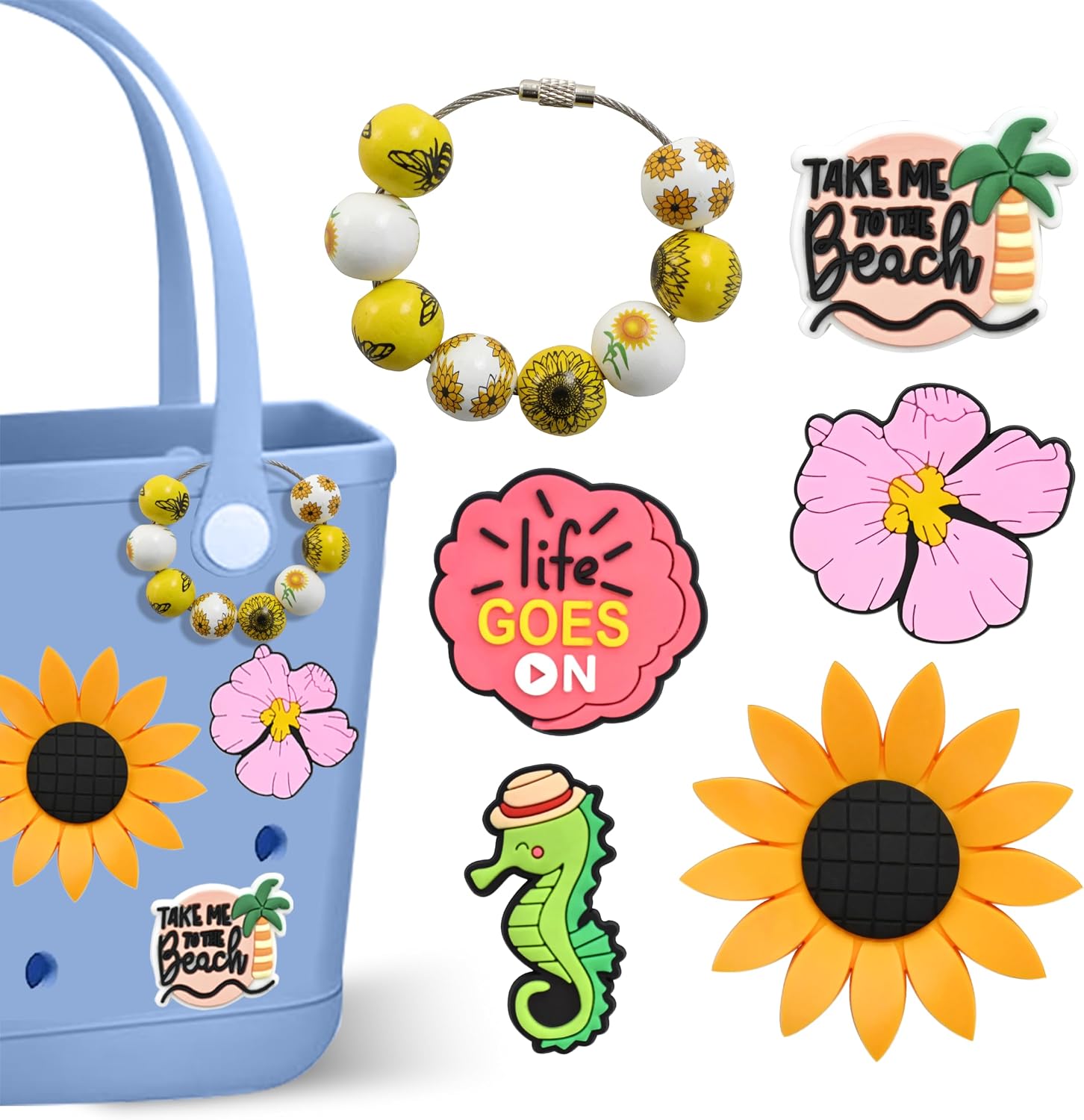 6Pcs Cute PVC Bling Hawaiian Summer Beach Charms with Wooden Bead Bracelet for Bogg & Simply Southern Totes, Decoration Gift for Women Girls Kids