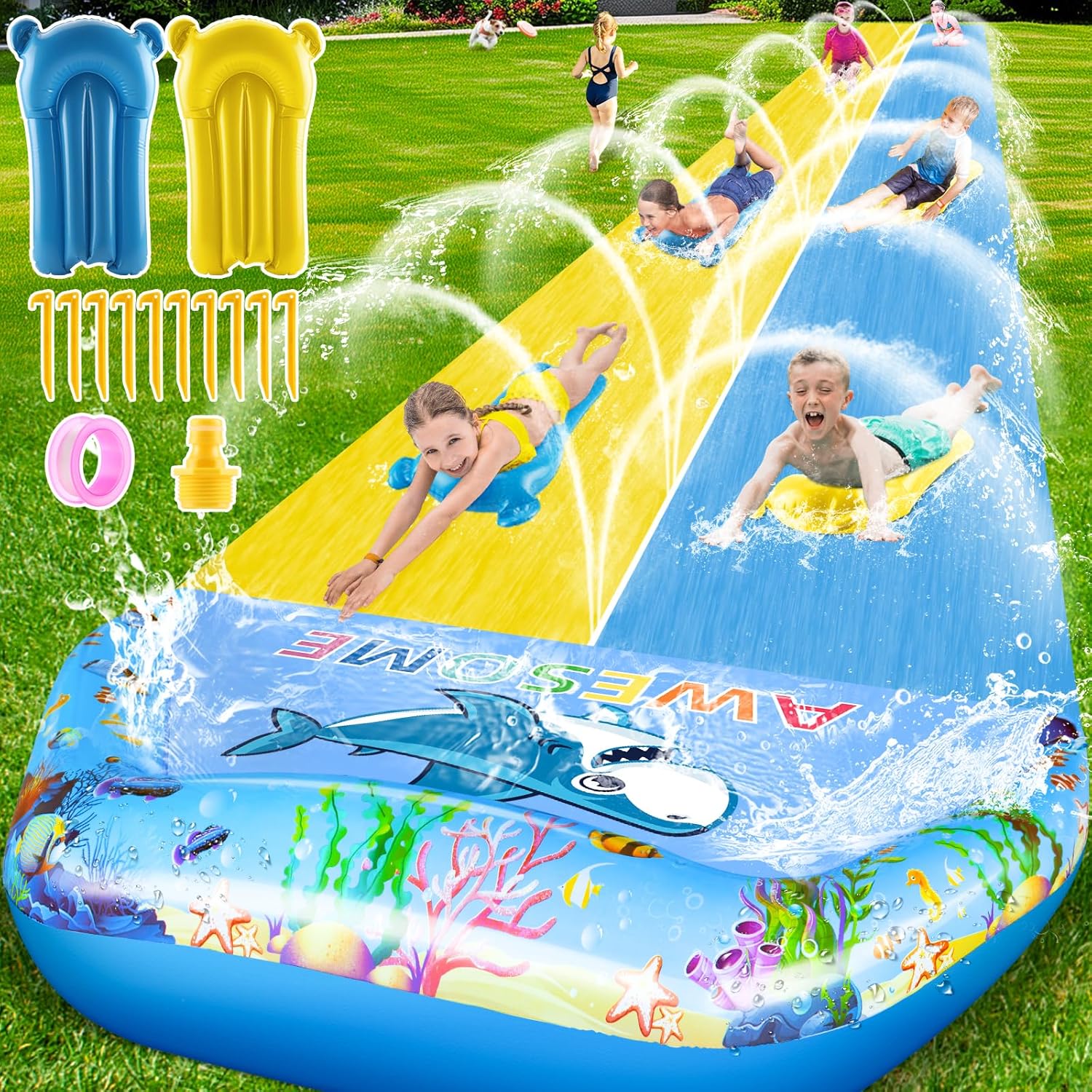 VEEST 33 FT Extra Long Water Slides for Kids Adults, Giant Double Lawn Water Slip Heavy Duty with 2 Bodyboards, Summer Water Slides with Crash Pad for Backyard Outdoor Extra Long Water Slide Blue