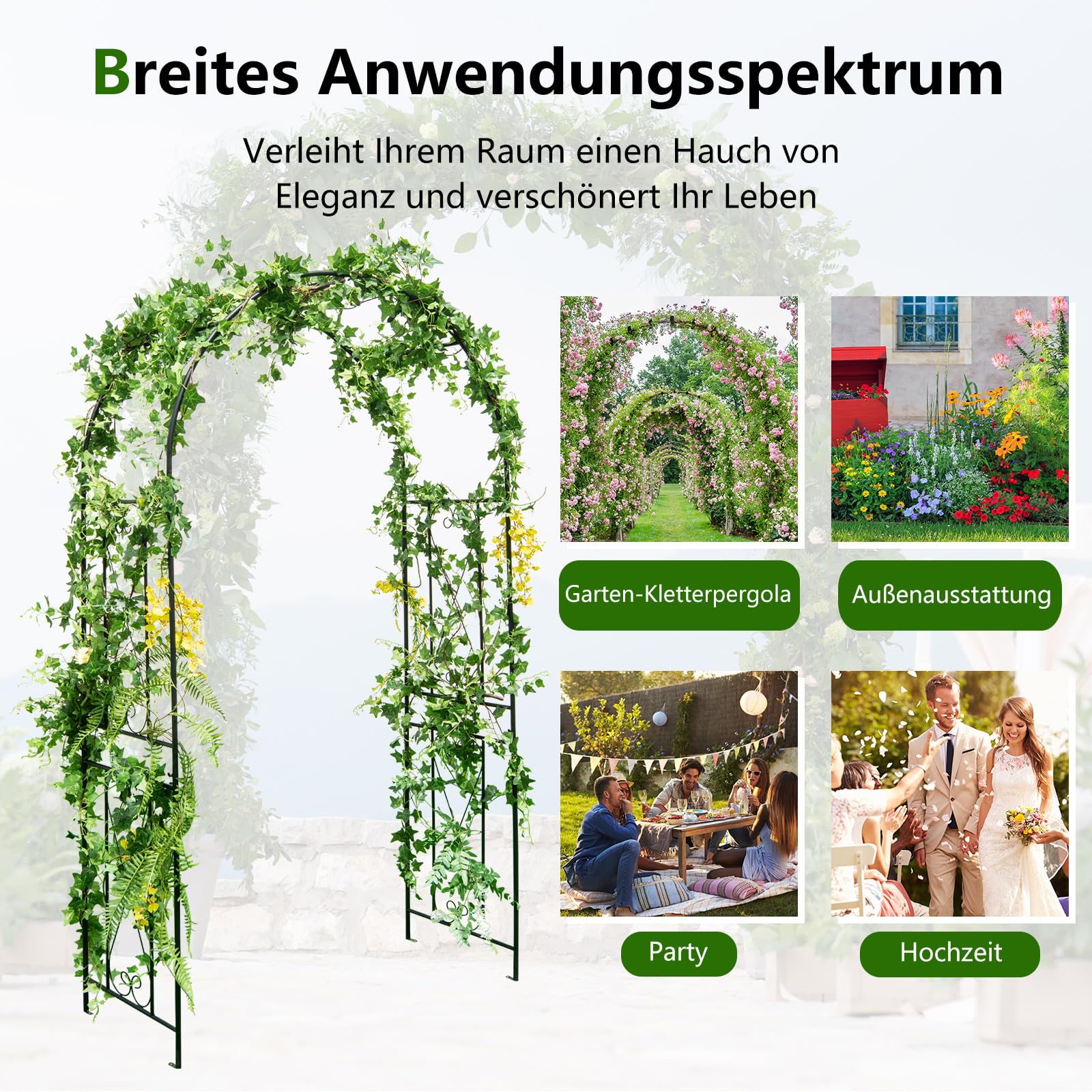 COSTWAY Rosenbogen Metall, Gartenbogen für Kletterpflanzen, Rosengitter mit 4 Bodenpfählen, Torbogen Rankhilfe Rankgitter, Rankbogen für Hinterhof Hochzeit Party, 120 x 56 x 220 cm, Schwarz