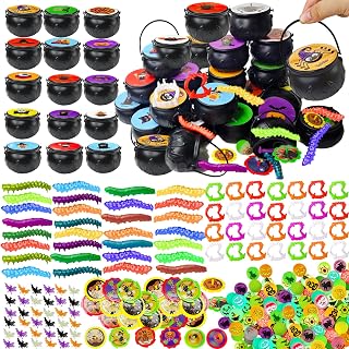 168 Pcs Halloween Toys for Kids, 28 Pack Prefilled Mini Witches Cauldrons with Toy Bouncy Balls, Vampire Teeth, Bat Rings, Spinning Tops, Sticky Worms Halloween Goodie Bags Party Favors