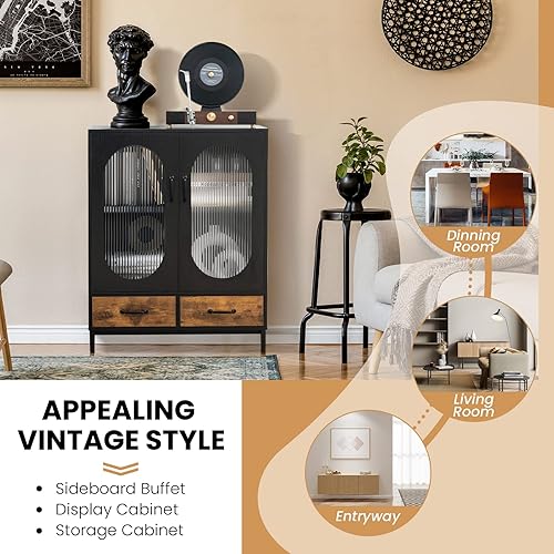 Miniatura 7 de Giantex Armario buffet con 2 cajones, aparador de madera, armario de pie de 2 niveles con puertas de vidrio templado, gabinete de almacenamiento