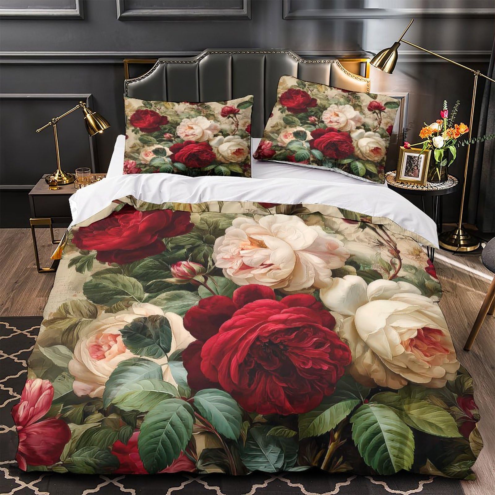 Housse de couette fleurs vintage 140x200 microfibre ultra douce premium