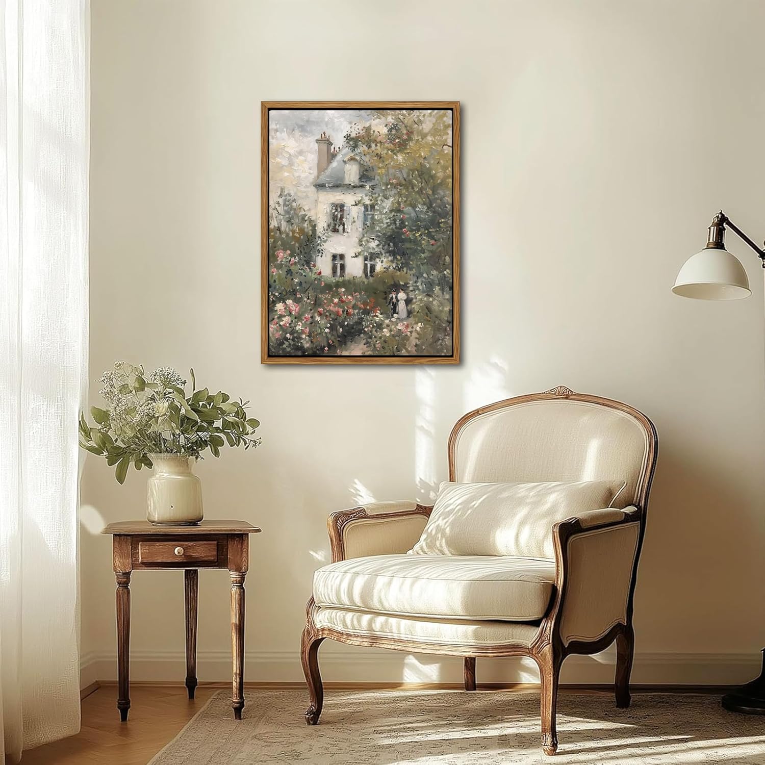 Floating Framed Canvas Vintage Wall Art, Neutral English Cottage Rose Garden Oil Paintings Print, Spring Pictures Wall Decor for Living Room Hallway Bedroom Office Rustic Decor 12x16 inch