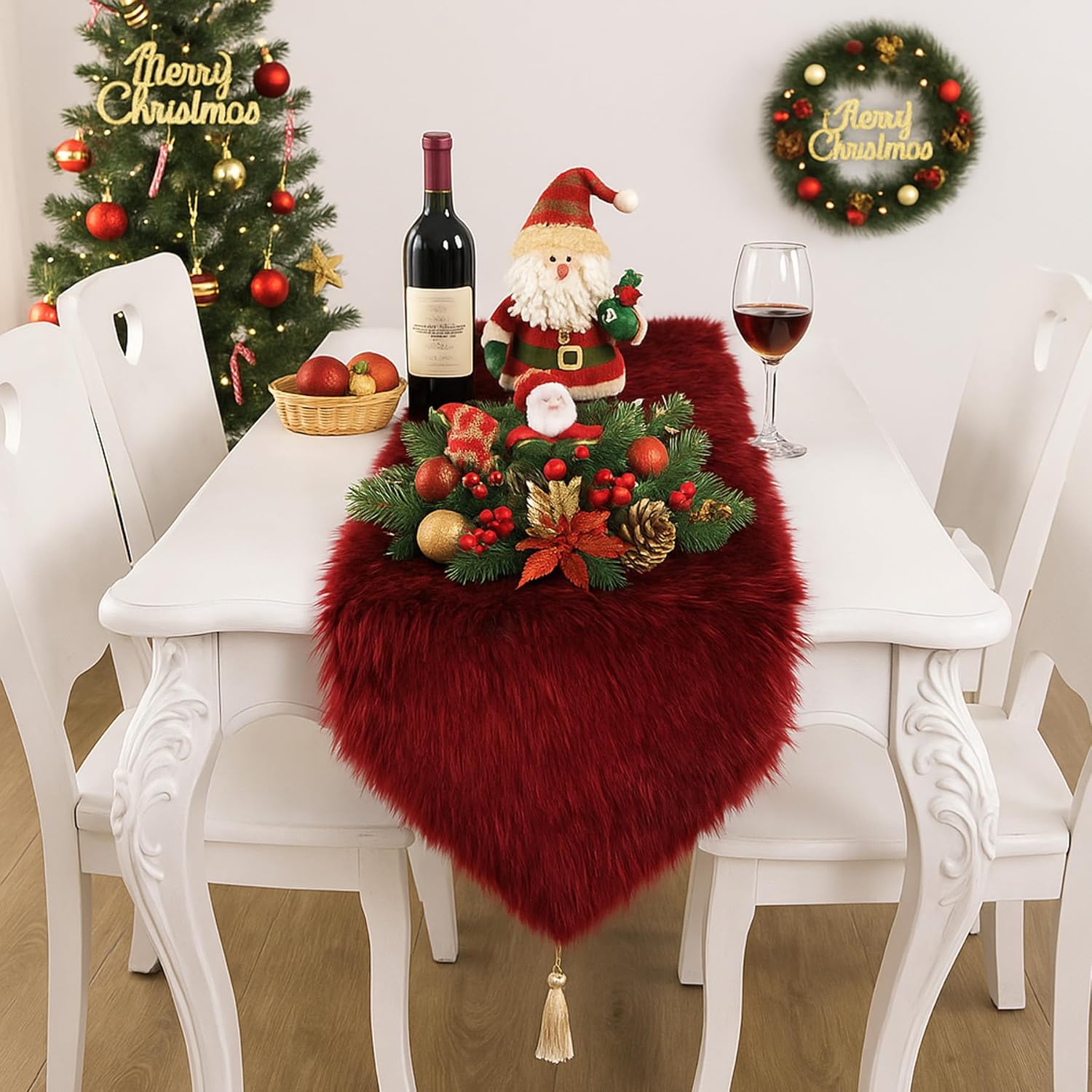 Christmas Table Runner with Tassels, Wine Red Fluffy Faux Fur Xmas Dresser Table Runners for Home Dinning Table Decor ,11.8x70.7 inch