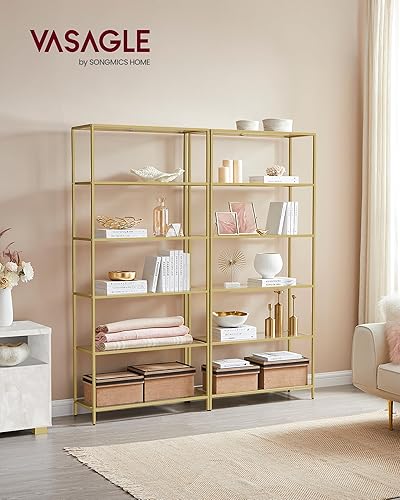 Miniatura 2 de VASAGLE Librería, estantería de 6 niveles, estantería delgada para dormitorio, baño, oficina en casa, vidrio templado, marco de acero, oro metálico