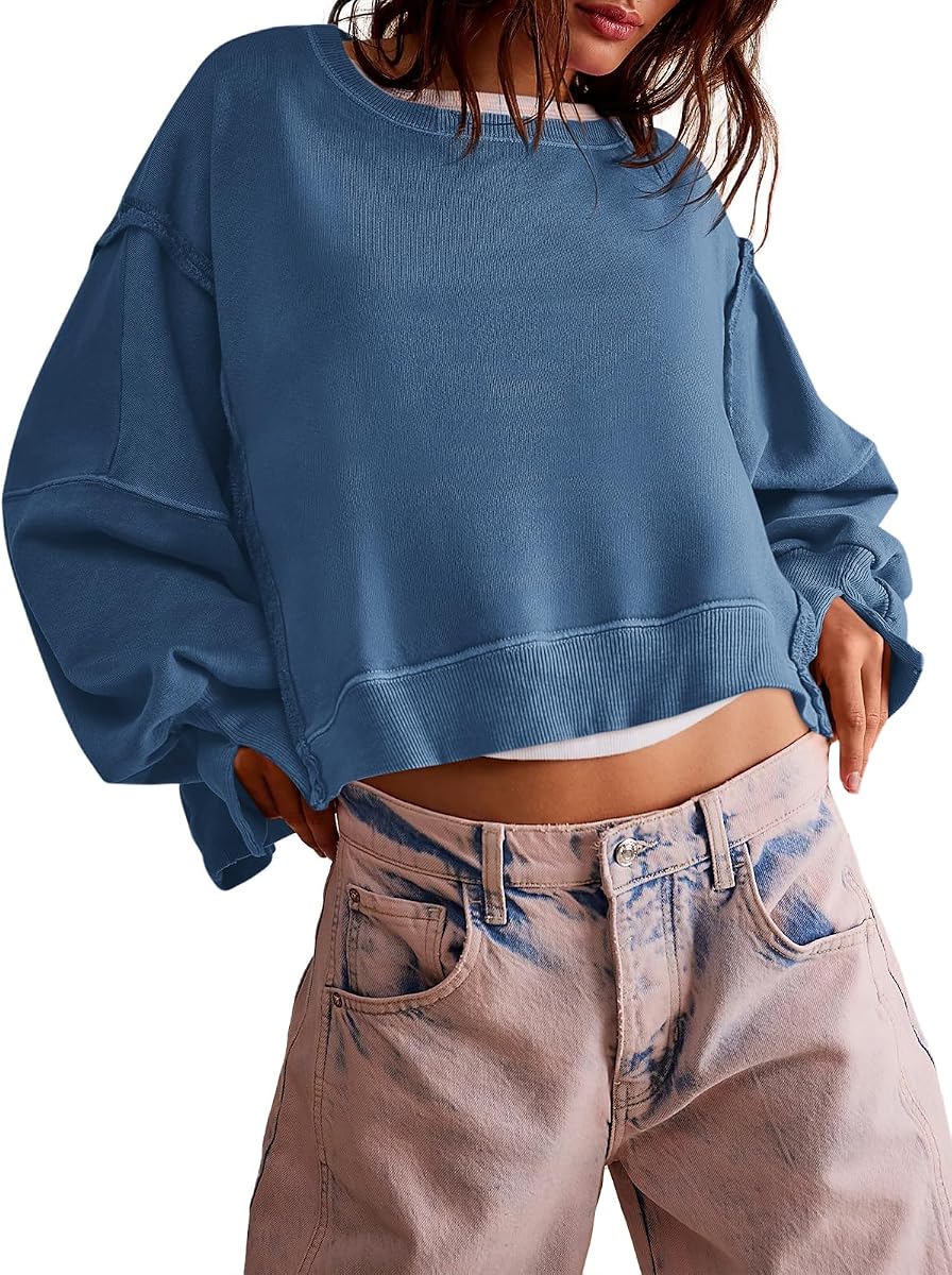 Zwurew Womens Casual Sweatshirt Cropped Shirts | Loose Fit, Tee Top, Pullover, Crop Hem, Design Trim, Daily Tops