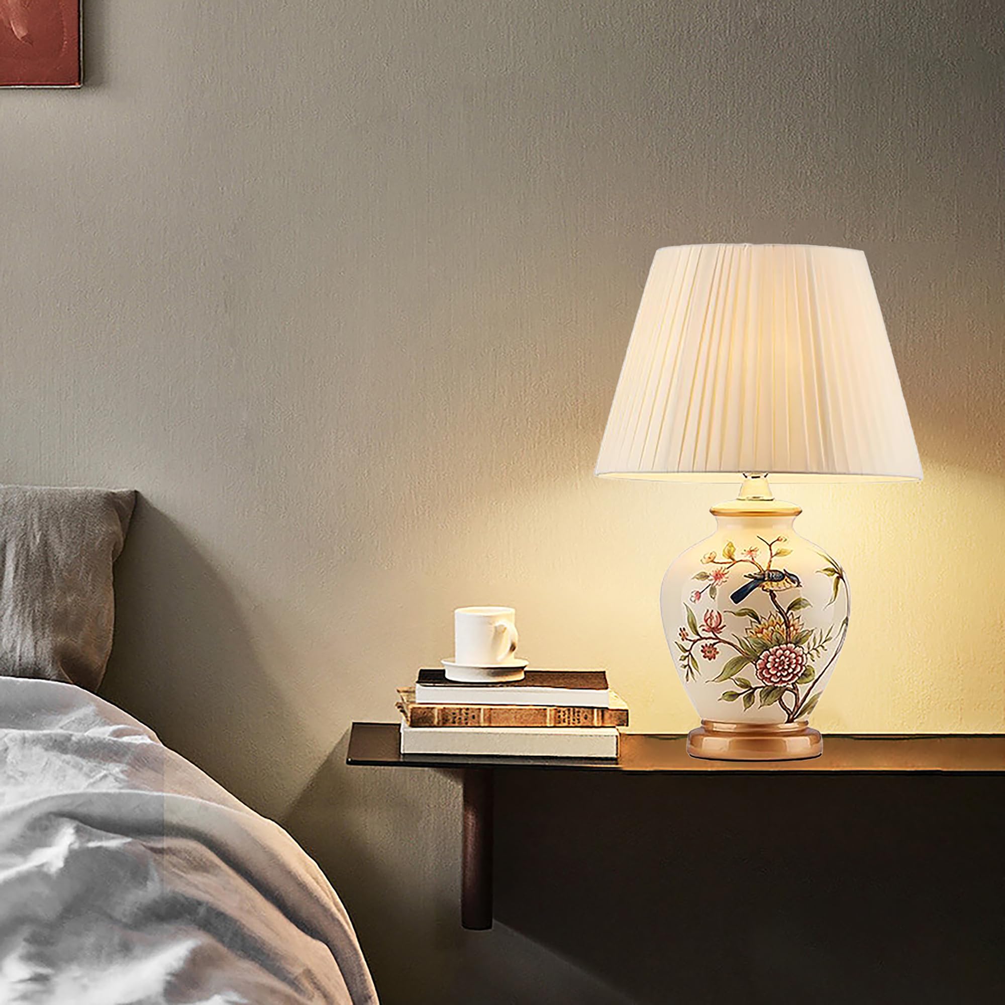 XINYASEE Lampada da tavolo in ceramica dipinta,Lampada da comodino vintage con paralume in tessuto,Testa di lampada E27,Lampada Da Scrivania Per la Casa Per Camera Da Letto, Soggiorno (Bianco)