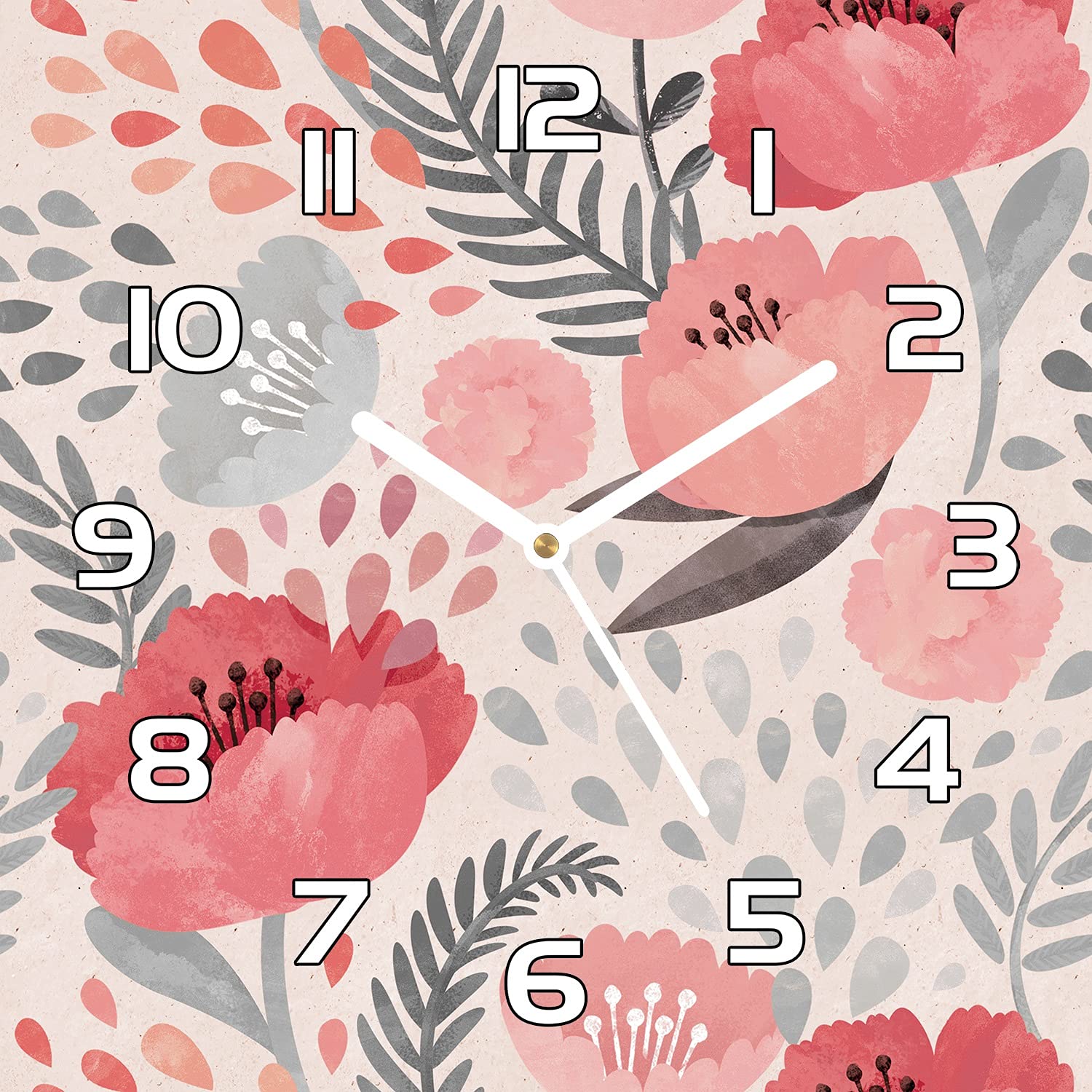 Horloge en verre anti-rayures 30x30 cm aiguilles blanches lisibles motif fleuri pavot
