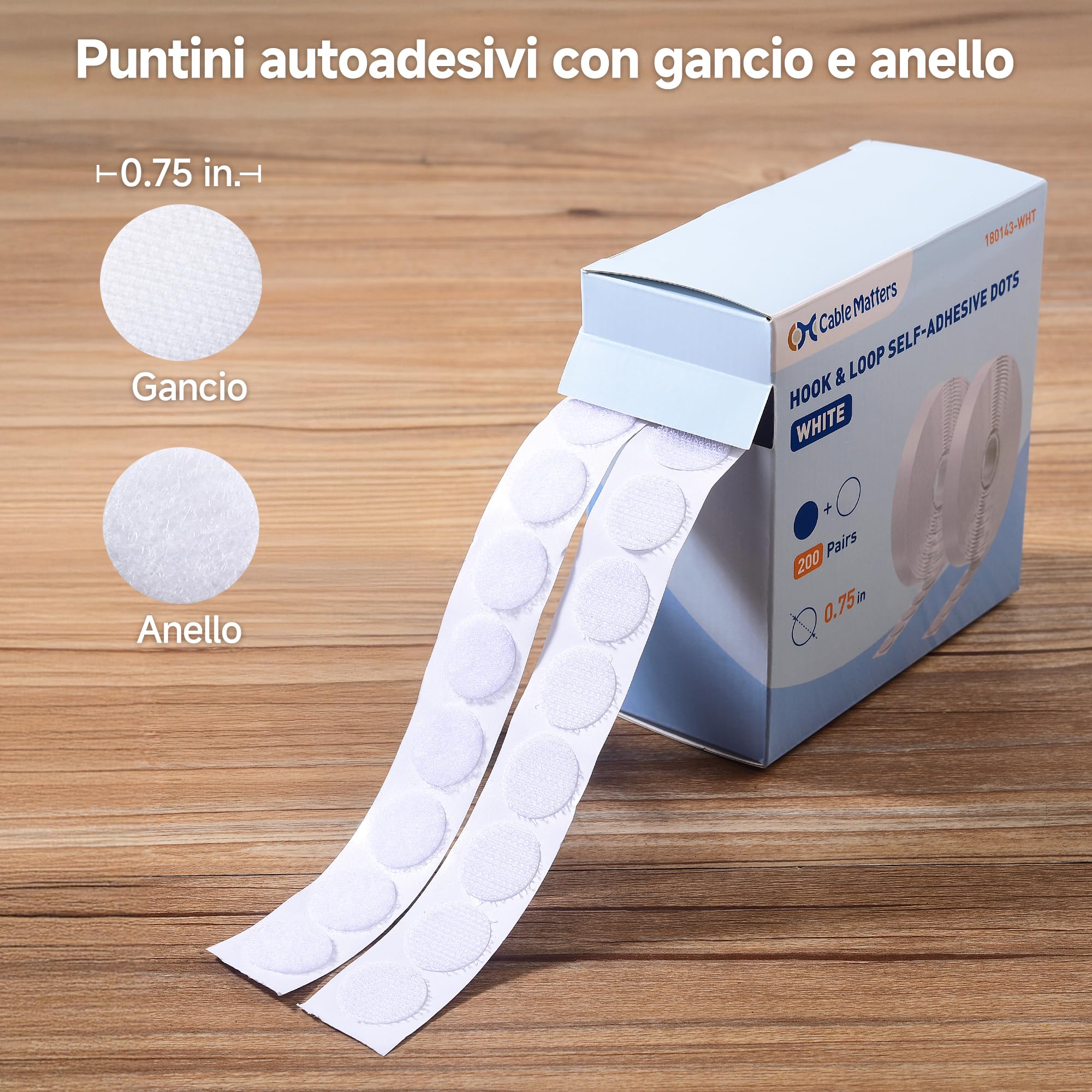 Cable Matters 400 pezzi (200 coppie) di punti autoadesivi in velcro, diametro 19 mm, punti di fissaggio rotondi per lavori manuali, aule scolastiche, uffici, organizzazione domestica, bianchi