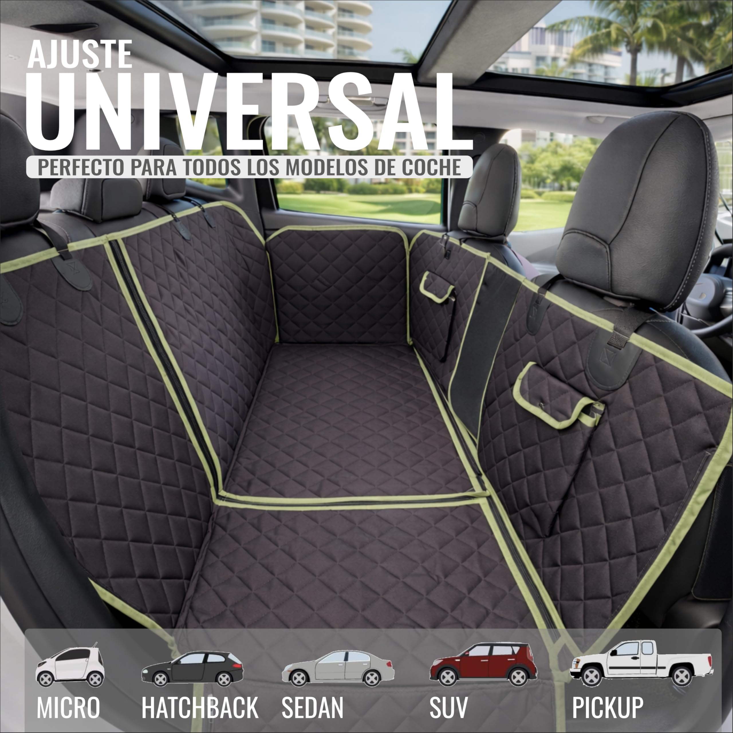 Funda Perro Coche Asientos Traseros 6-En-1 | Fundas para Coches Asientos Impermeables 600D con Ventana De Malla Y Laterales Elevados | Protector Asiento Coche Perro Trasero Negro/Verde