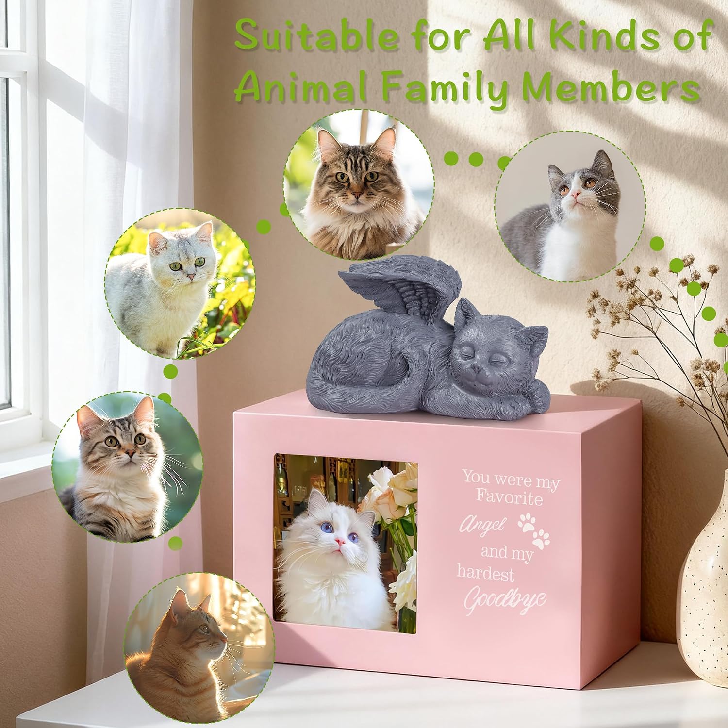 Cat Urns for Ashes, Pink Wooden Keepsake with Photo Frame, Pet Memory Box with Resin Cats Angel Statue and Sealed Storage Bags (Up to 75lbs)