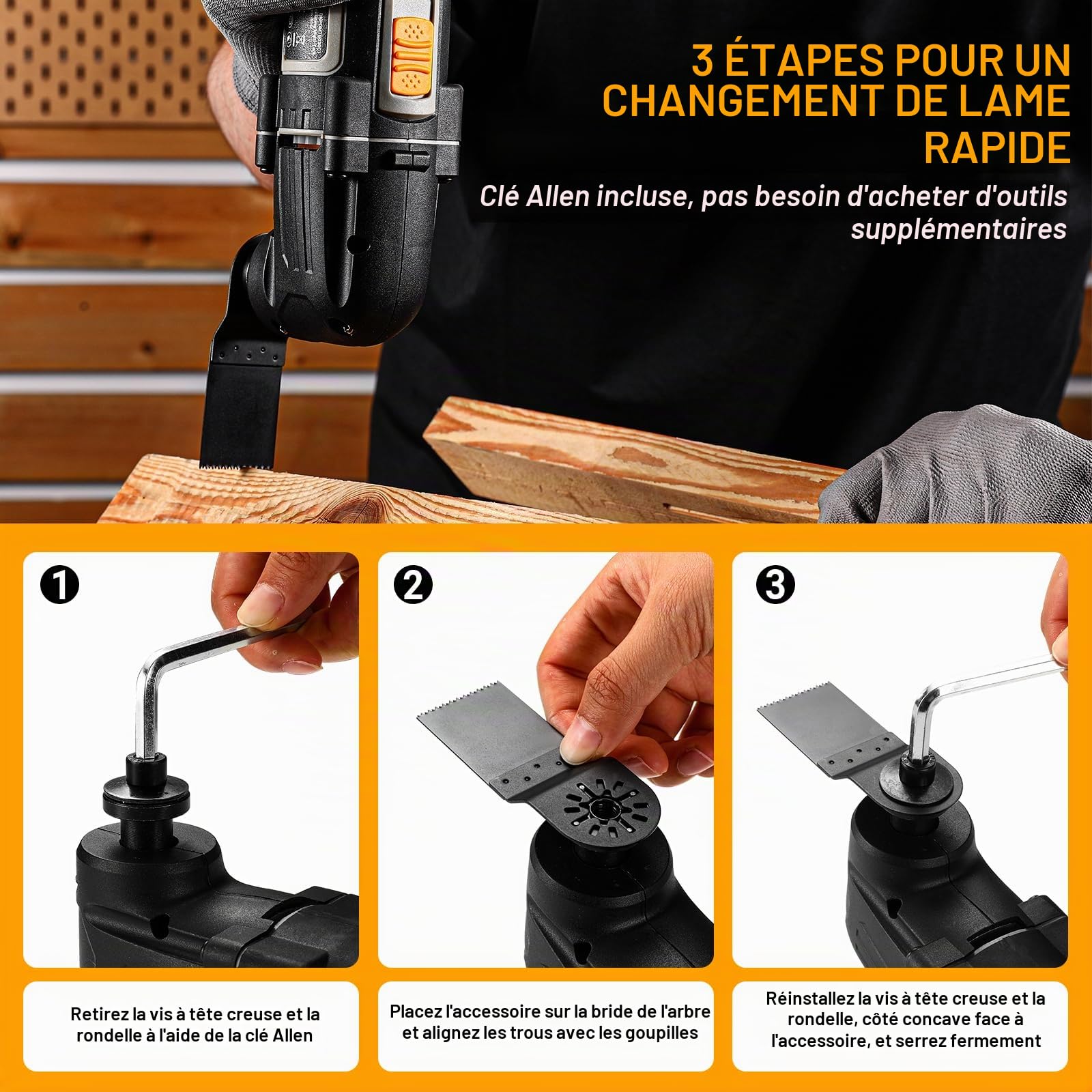 DEKOPRO Outil Multifonction Oscillant 300W: 3000-22000 RPM- Scie Oscillante Électrique Filaire, 6 Vitesses, Angle d'Oscillation 3°, pour Bois, Plastique et Métal