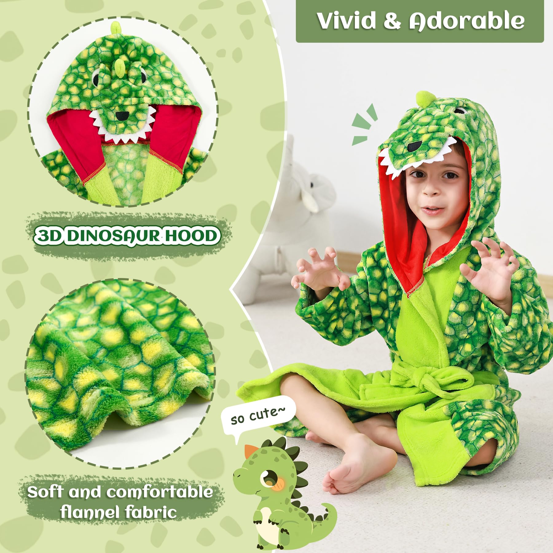 LOLANTA Albornoz Niños con Capucha de Dinosaurio, Bata Suave de Felpa con Bolsillos, Ropa de Dormir para Niños de 2 a 8 Años