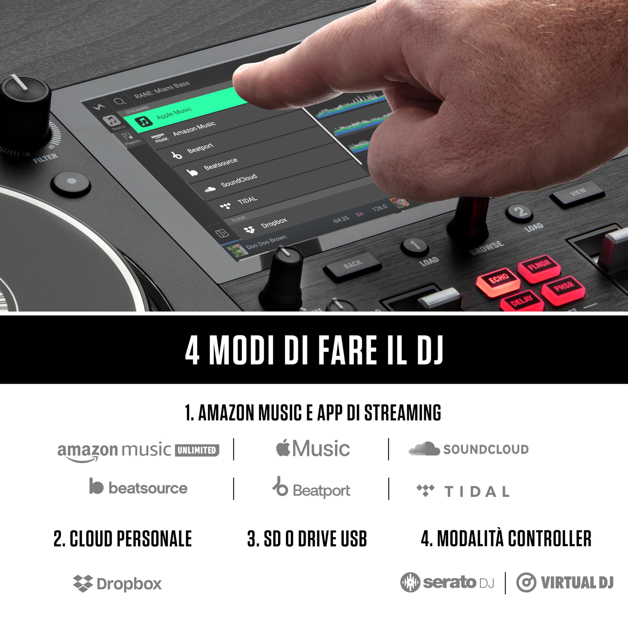 Numark Mixstream Pro+ DJ Controller z separacją stem, 2 deck, Wi-Fi, 7" touchscreen, Serato & Virtual DJ
