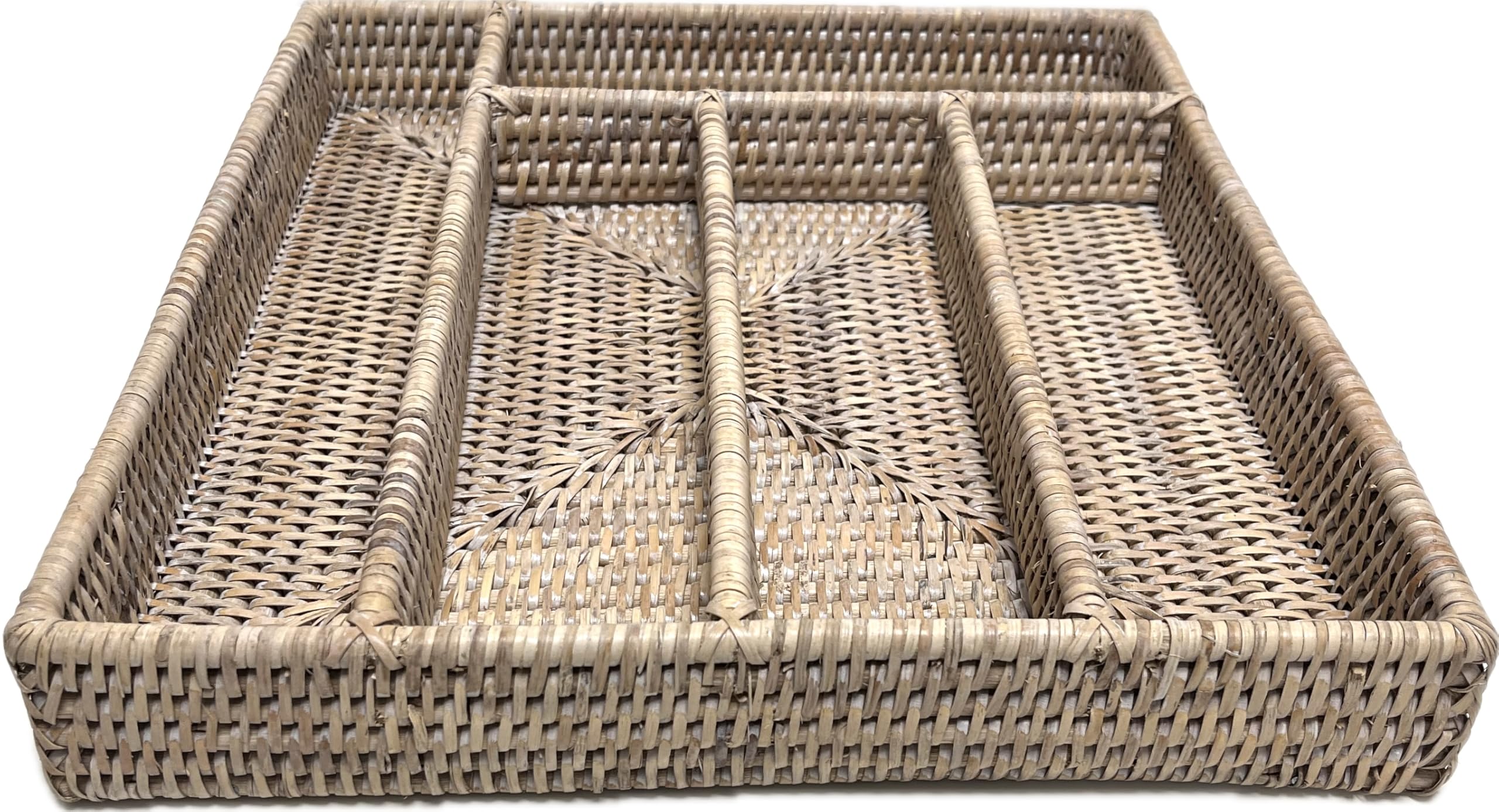 Wholesome Home White Wash Rattan Placemats Set Of 2 Set Of 6 Coasters Cutlery Utensil Cutlery And Condiment Caddy Holder Boho Farmhouse Style (Cutlery Tray 5 Compartments (36Cm))