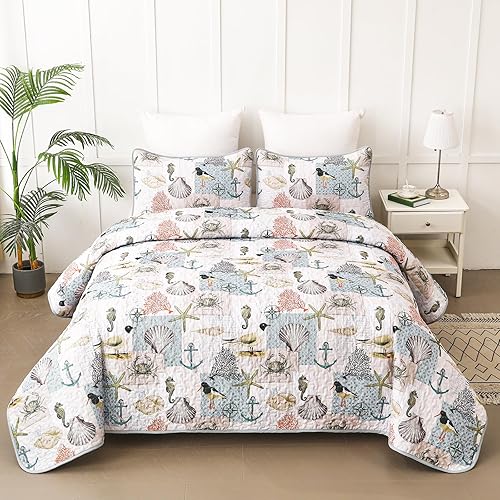 King Quilt Bedding Set Size - 3 Pcs Summer Coastal Beach Ocean Lightweight Reversible Microfiber College Dorm All Season Coverlet Quilt Bedspread Queen Size Bedding With 1 Quilt, 2 Pillow Shams