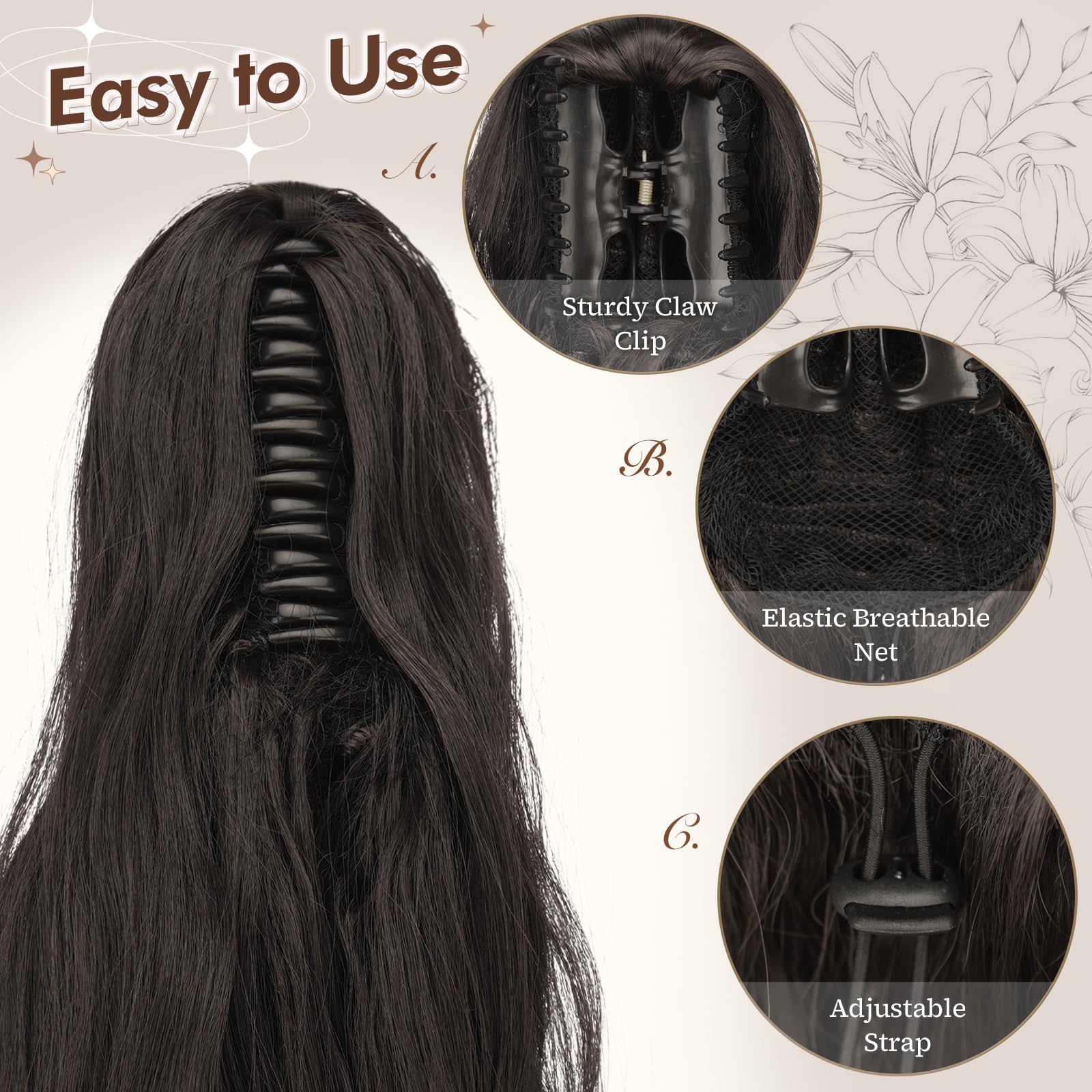 FESHFEN Ponytail Extensions, Long Claw Clip in Ponytail Hairpiece Synthetic Pony Tails Hair Piece Natural Wavy Hairpieces for Women, 20 inch Black Brown