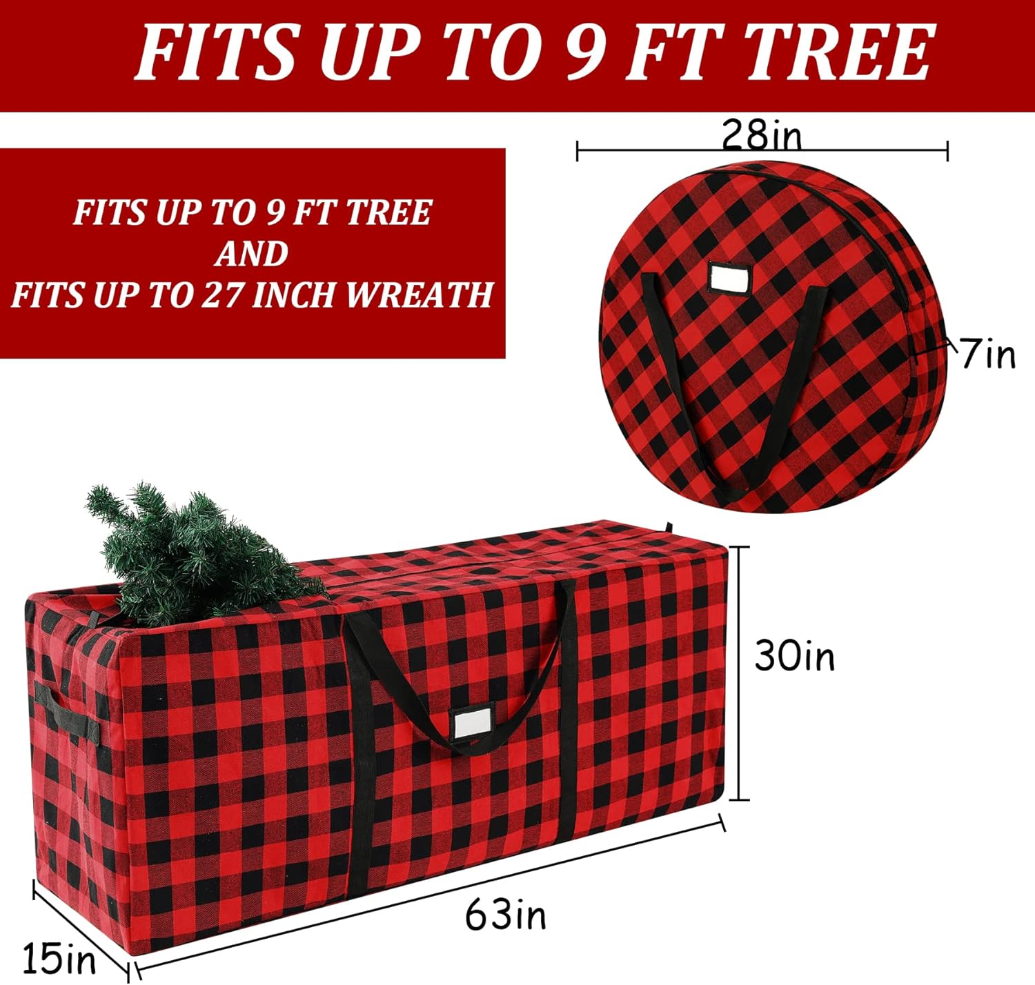 Christmas Tree Wreath Storage Bag, 2 Pack Container Bags Fits Up to 9 Foot Large Artificial Xmas Tree & 30" Holiday Garland Wreaths, 600D Waterproof Oxford Durable Handles & Sleek Zipper & Card Slot