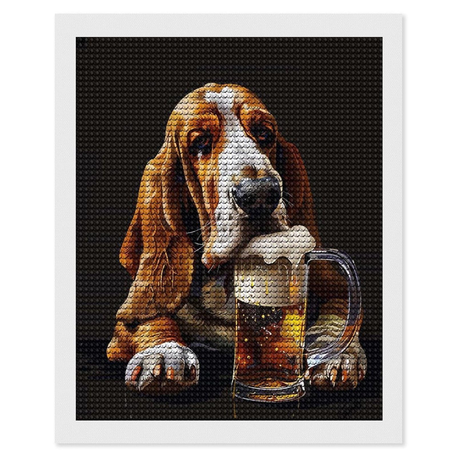 Junmoney Basset Hound Beer Diamond Painting Canvas Set 16"x20", for Adults, Bedroom Decor, Good for Quiet Evenings, Festive Craft Gift