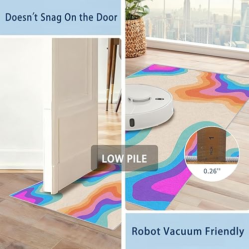 Miniatura 5 de Alfombras retro coloridas para dormitorio, alfombras lavables con remolinos ondulados para sala de estar, 4 x 7 pies, alfombra de área de diseño
