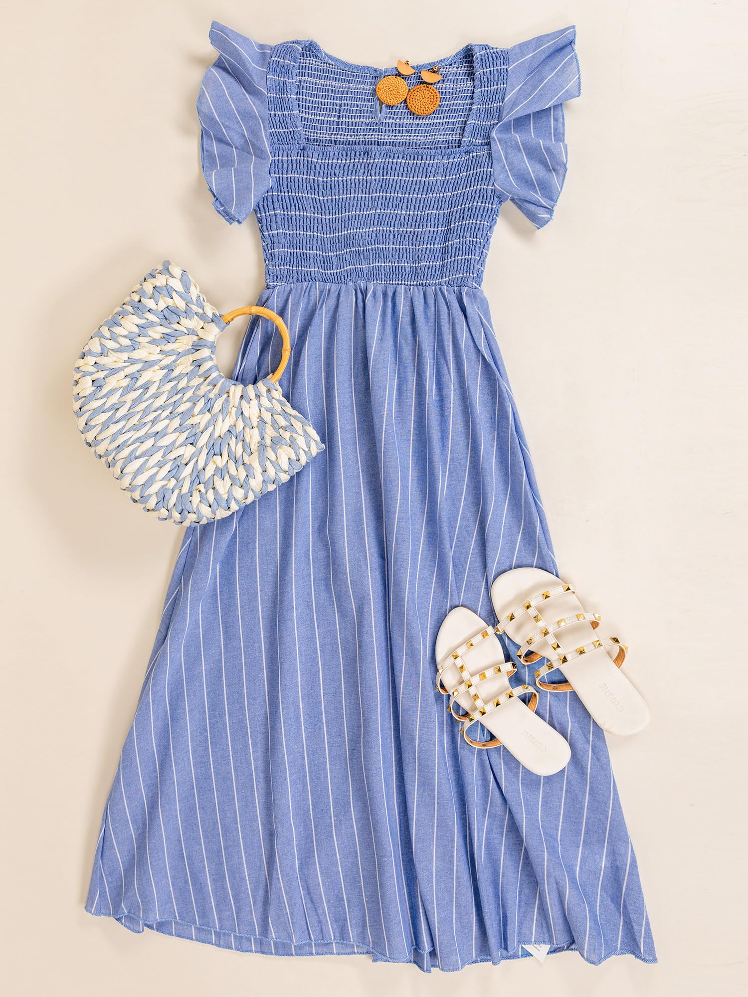 CUPSHE Abito estivo da donna con scollo quadrato a righe e punto smock, con maniche ad aletta, maxi abito formale