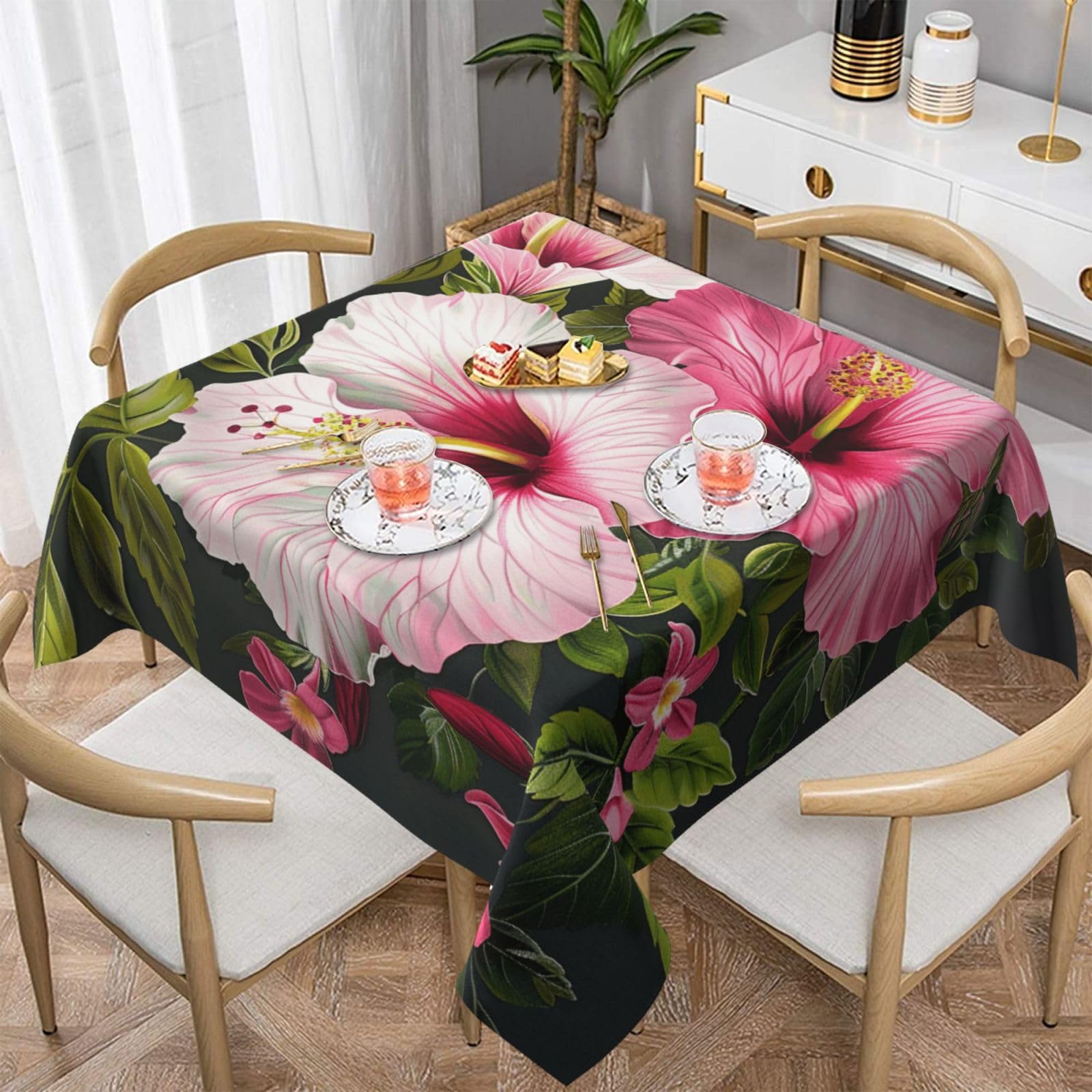 WPKJU Hibiscus Flowers Printed Square Tablecloth 60x60 inch Water Resistant Table Cover Washable Rectangle Table Cloth for Dining Tables