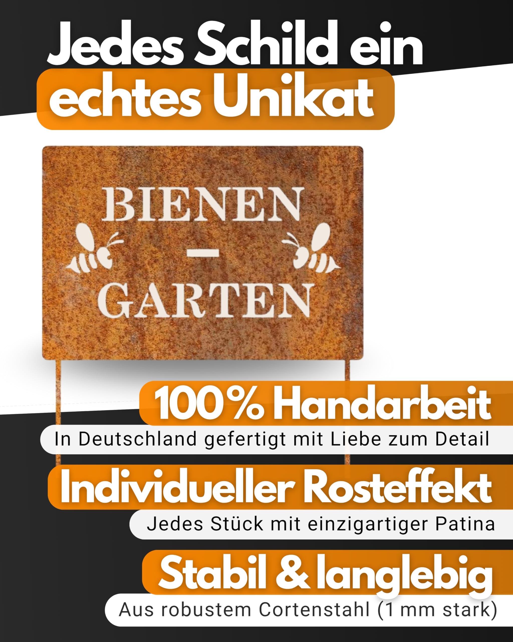 Feuerfest 123 GmbH Deko-Schild Bienen-Garten I 30x20 cm I Stilvoller Gartenstecker aus robustem 1 mm Cortenstahl I Hochwertige Edelrost-Gartendeko I Langlebiges Garten-Schild aus präziser Handarbeit