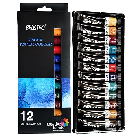 BRUSTRO Artist's Watercolour Paint | Set of 12 Colours X 12ML Tubes | Ideal for Landscape, Portrait, Paper, Painting, Artist, Professional watercolor, Transparent Colors, Painting Dry & Wet, Fine Art