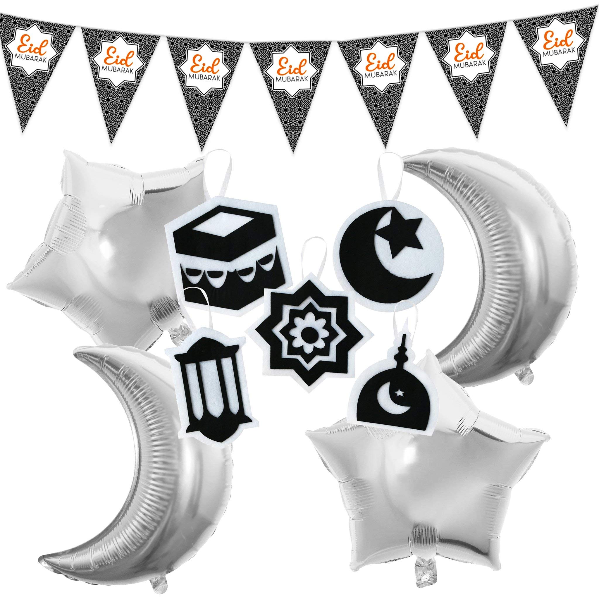 Rocking PartyEid al-Adha/Bakra/Kurban Bayram: Black Pattern Bunting, 5pc Felt Hanging Symbols & 4pc Silver Foil Moon & Star Balloons Decoration Set