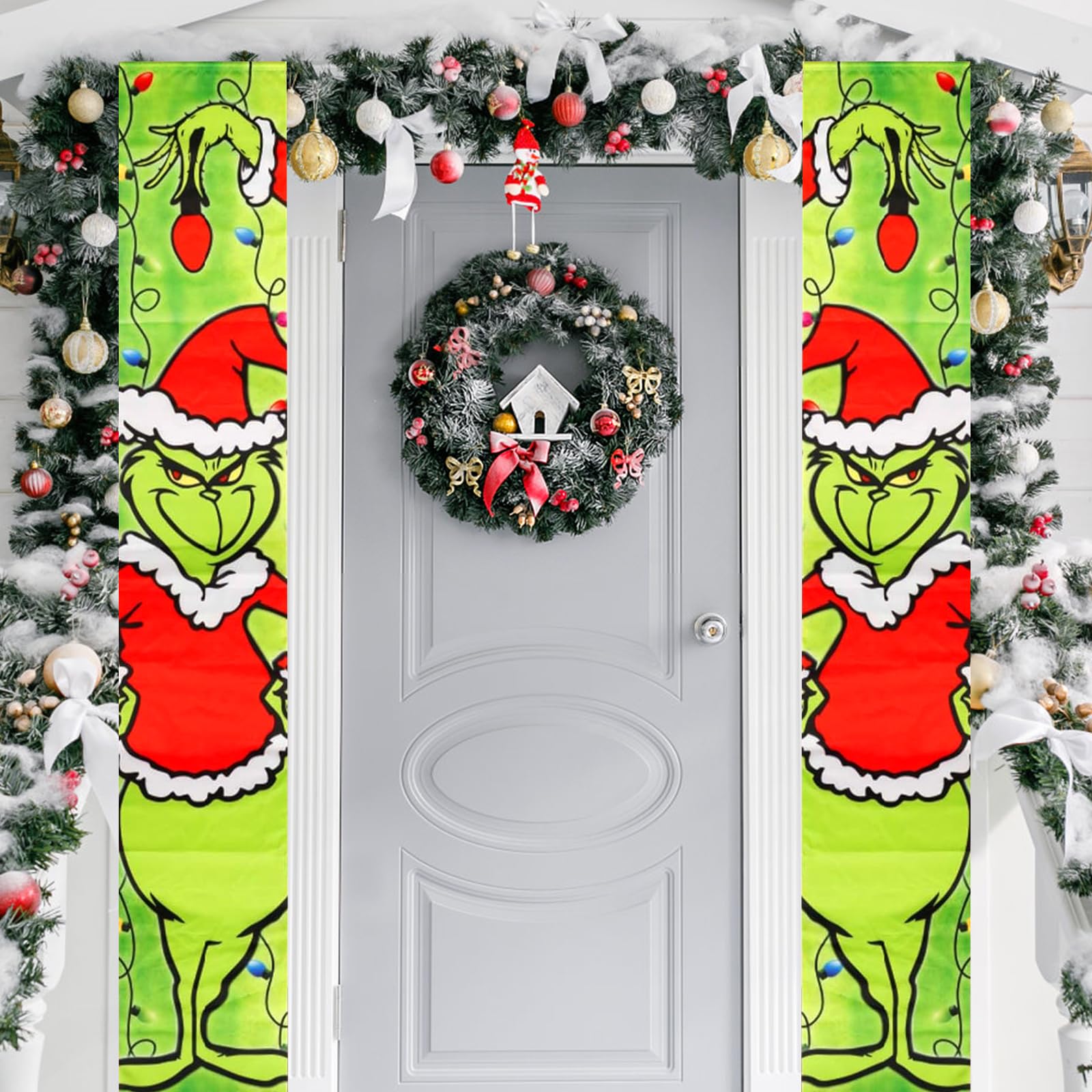 180 x 30 Grinch Navidad Banner Verde Navidad Banner Bienvenida Porche Cartel Largo Fondo Colgante Placa Puerta Decoración de Navidad