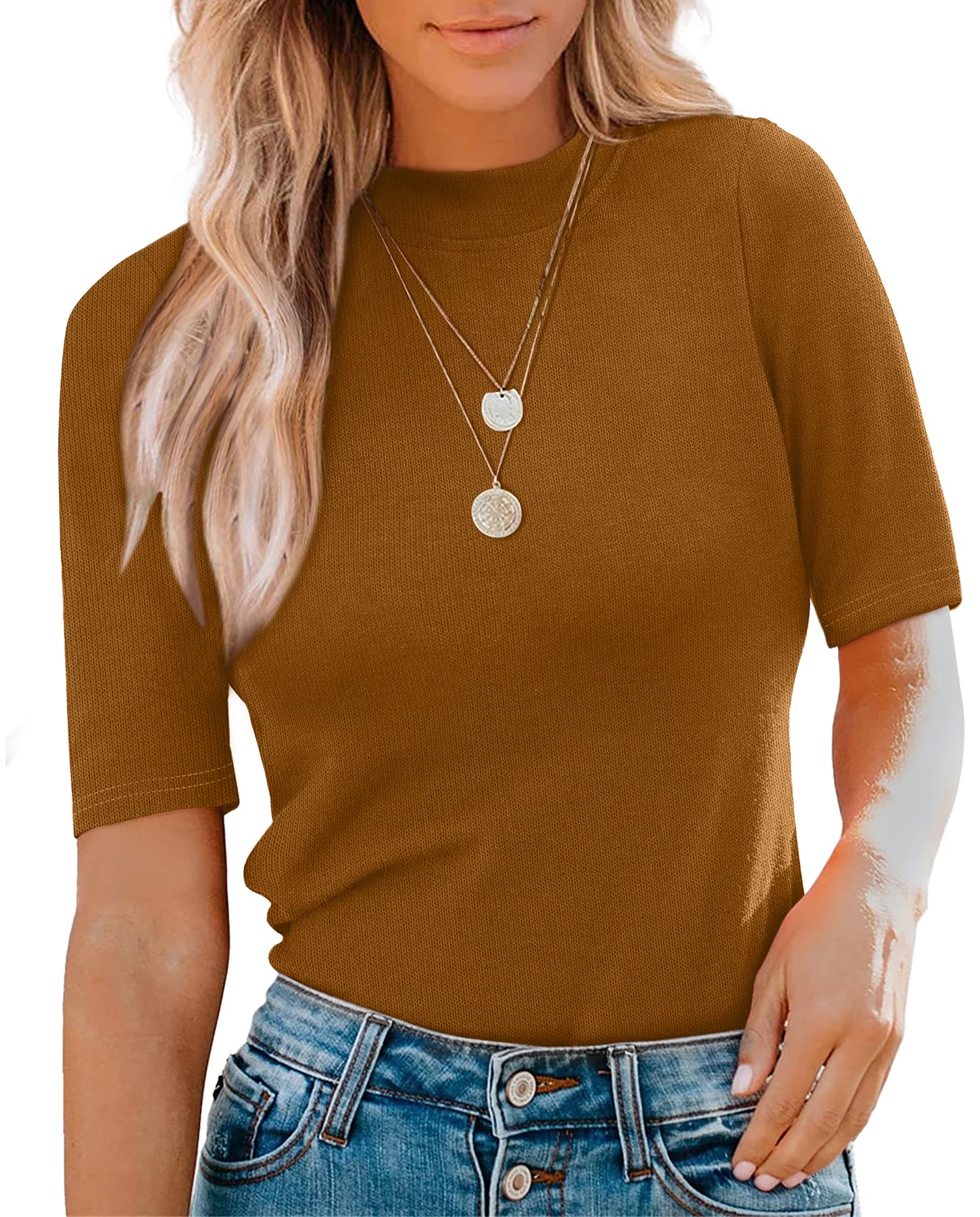 OFEEFANWomens Tops Mock Turtleneck Short Sleeve Dressy Casual Business Blouses