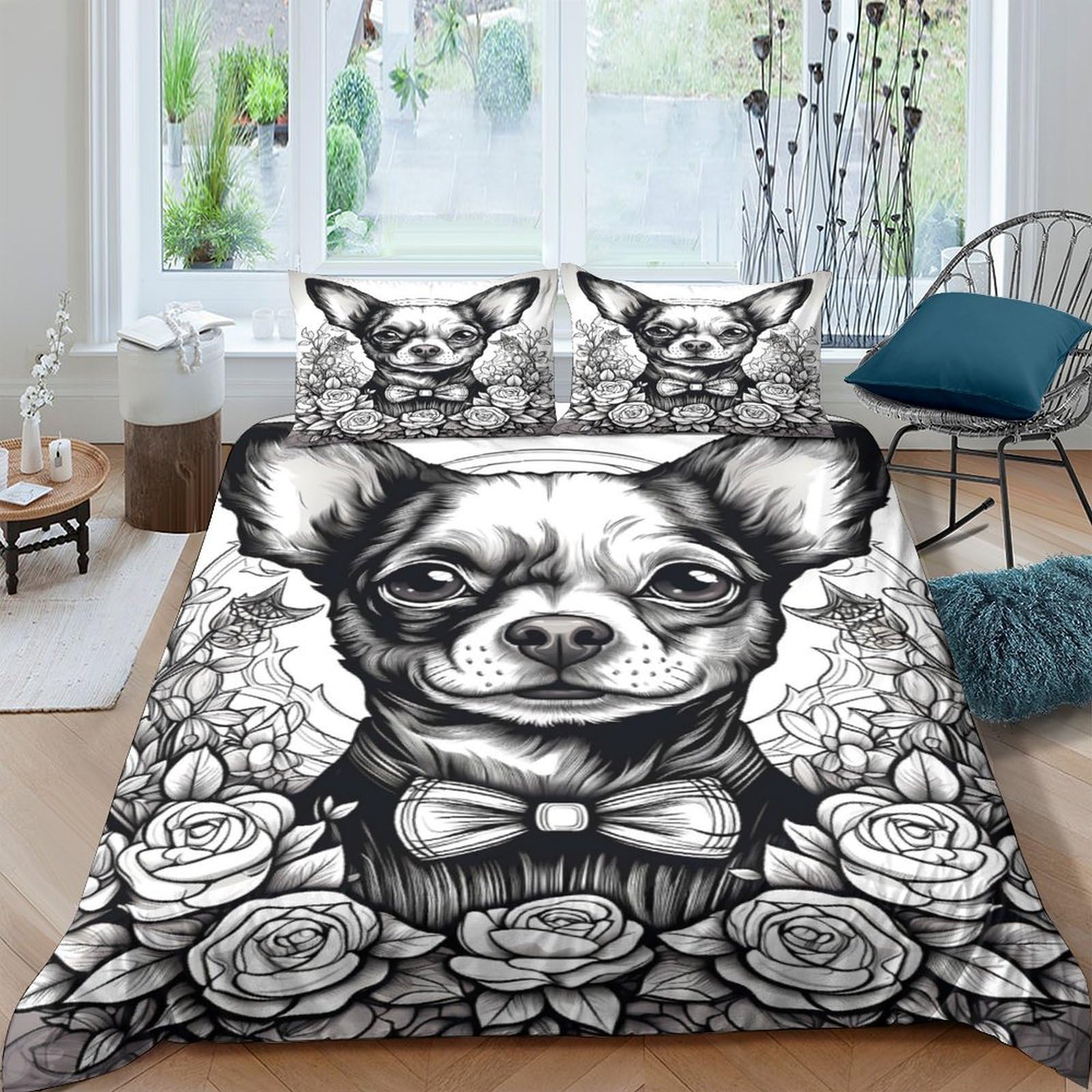 Ctjqhvkz Style-8 3D Printed Dog Portrait Fitted Sheet Microfiber Black White Floral Bed Cover For Bedroom Guest Room Easy Care Single（135X200cm）
