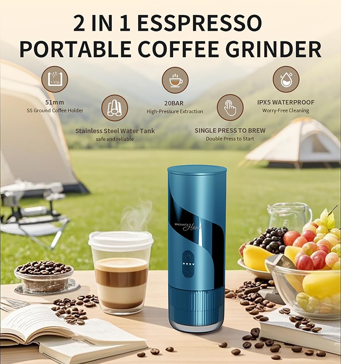 Magnavox HOME Portable Espresso Coffee Maker (Grounds or Pods) with Fast Brew Technology & Single Touch Control, Ideal for Offices or Travel