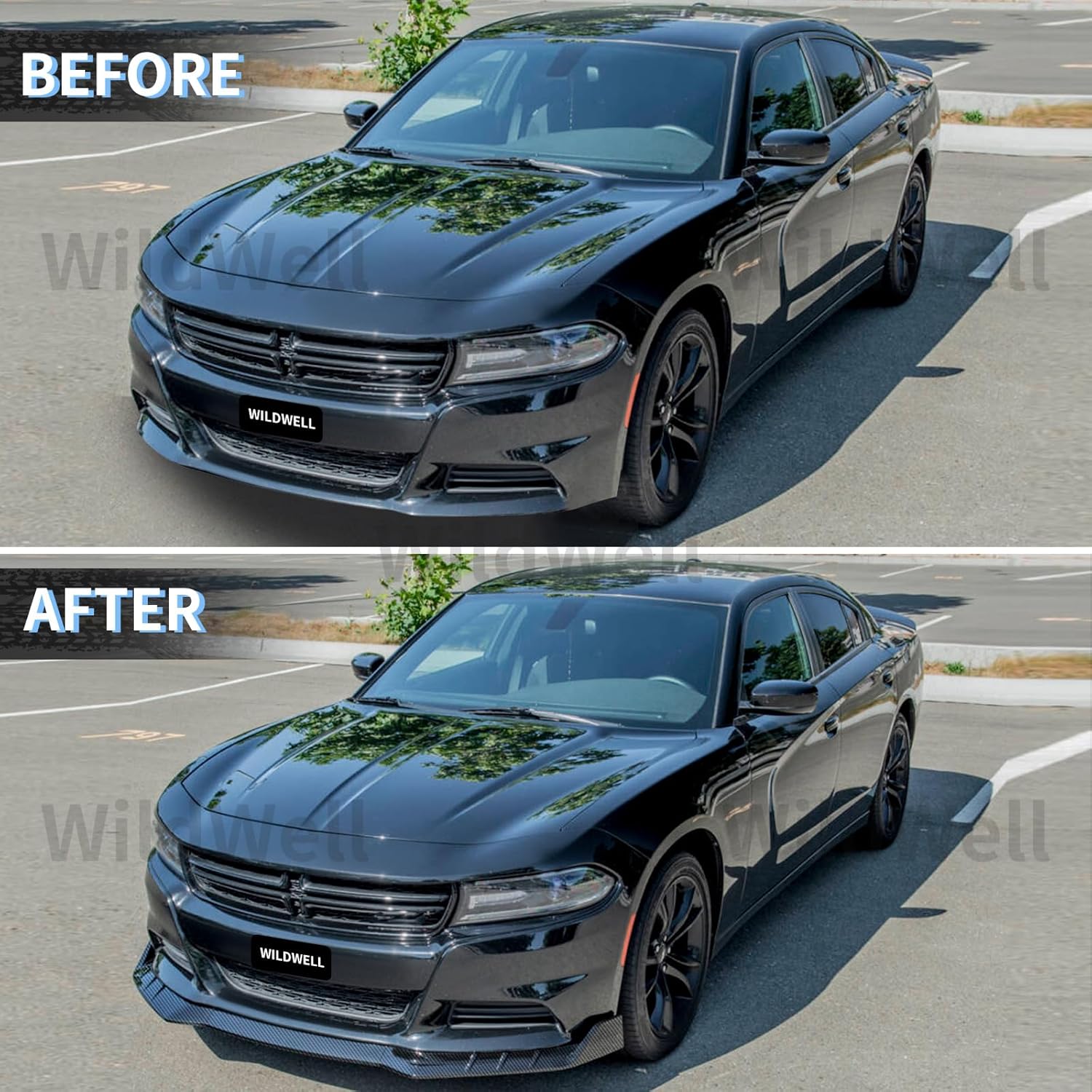 WildWell Front Bumper Lip Splitter Fits 2015-2018 Dodge Charger Base & 2019-2024 Dodge Charger SXT Only, Front Lip Spoiler Accessories Air Dam Chin Guard Carbon Fiber Painted