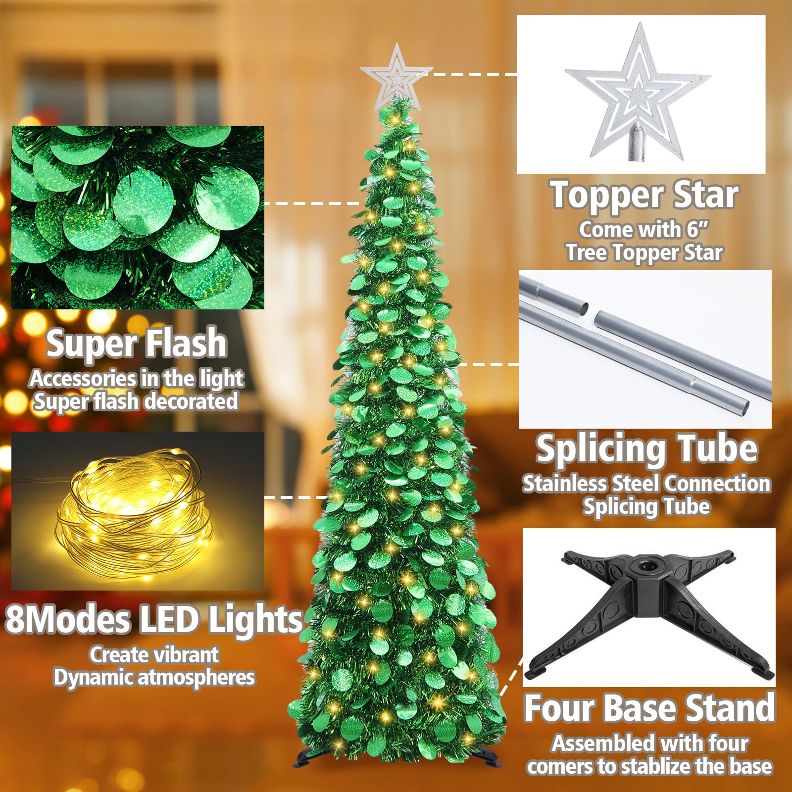 HMASYO Sapin de Noël pop-up de 1,5 m avec lumières minuterie, sapin de Noël artificiel pliable pour intérieur, maison, appartement, porche, décorations de fête de vacances (vert)