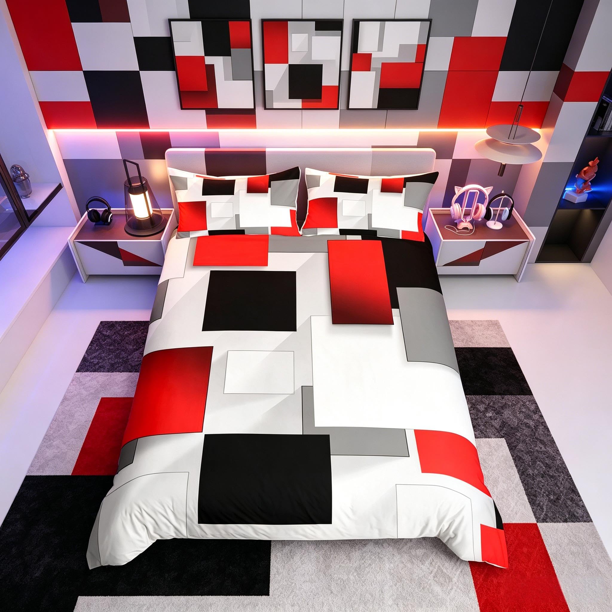 Loussiesd Black Red Gray Bedding Set Kids Grid Buffalo Check Comforter Cover Set for Women Men Rectangle Duvet Cover Breathable Abstract Bedspread Cover Junior/Cot Bed