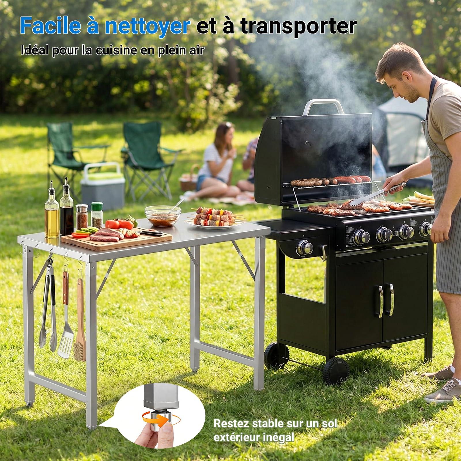TLSUNNY Table de Travail Cuisine Pliante Acier Inoxydable 120x60cm, Établi de Restauration en Inox avec 5 Crochets, Pied Réglables, Charge 250kg,Table de Préparation Alimentaire pour Restaurant Jardin