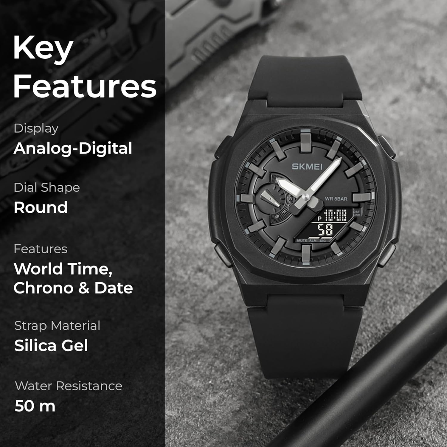 Image highlighting key features of the SKMEI watch: Analog-Digital display, Round dial, World Time, Chrono & Date features, Silica Gel strap, and 50m water resistance.